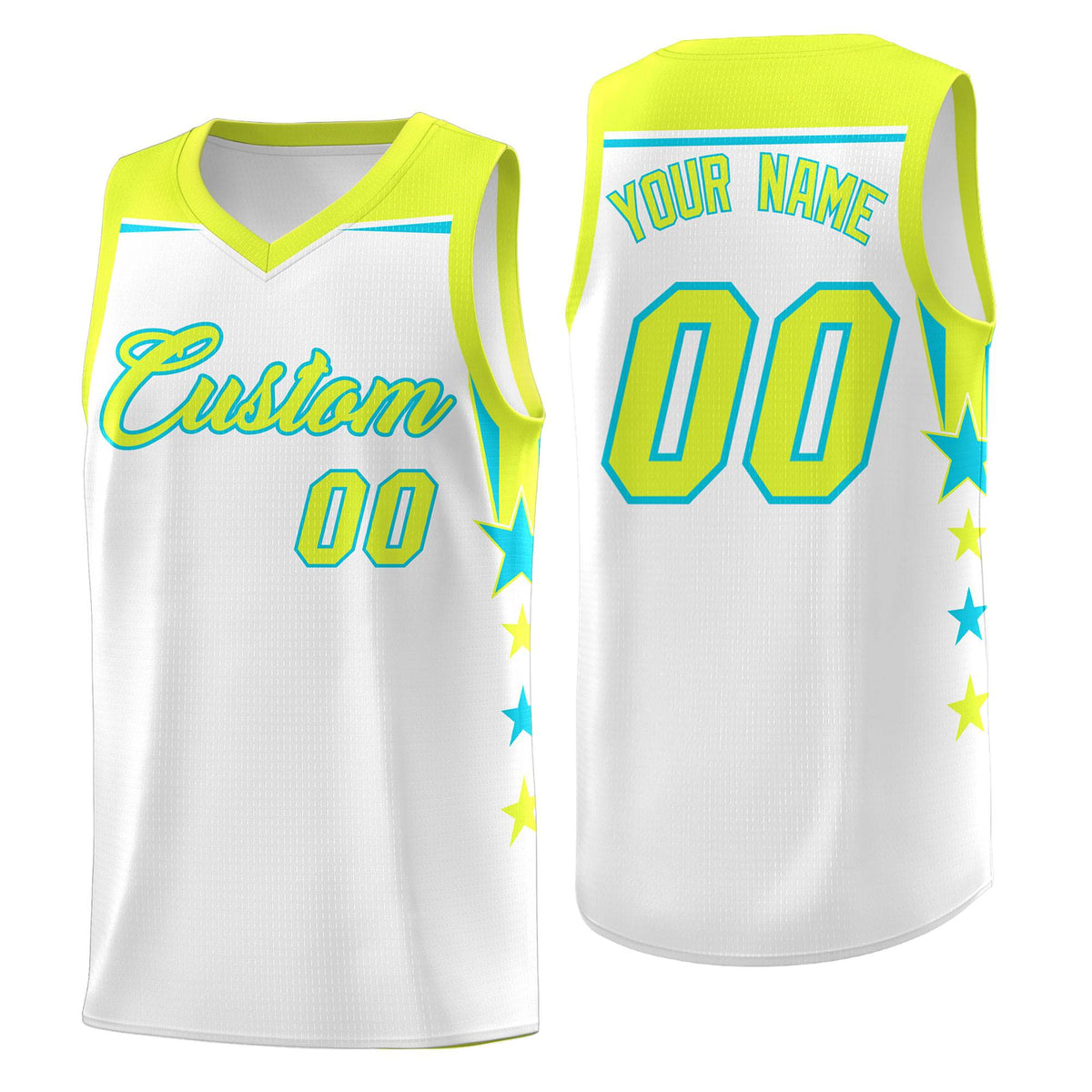 Custom Youth Basketball Uniform White Fluorescent Green Two Tone Side Star Add Name Number & Logo