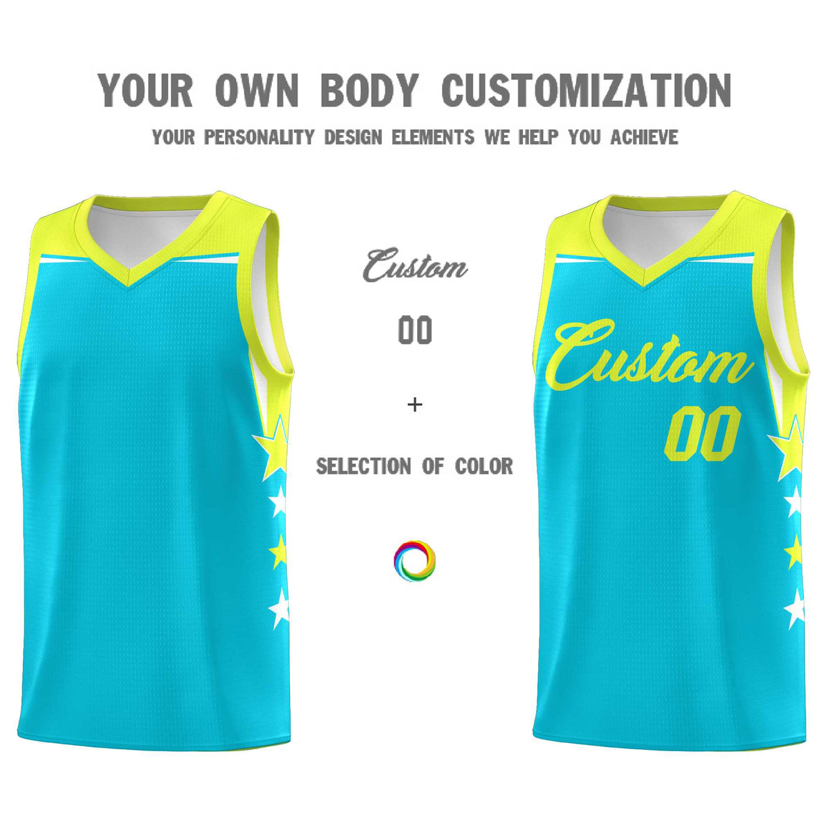 Custom Youth Basketball Uniform Sky Blue Fluorescent Green Two Tone Side Star Color Block Team Jersey