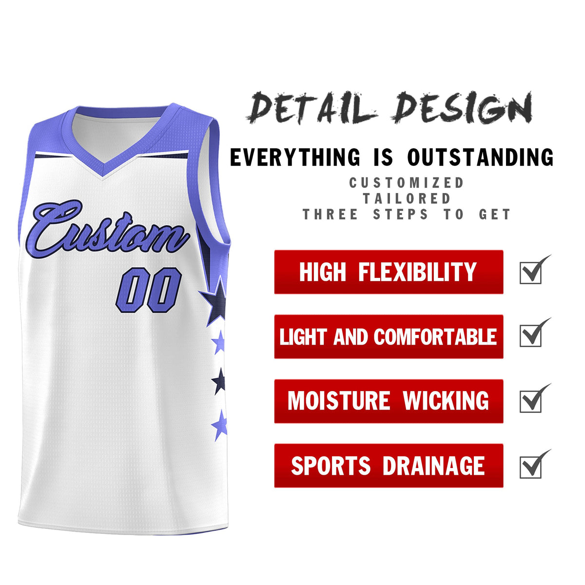 Custom Youth Basketball Uniform White Purple Two Tone Side Star Add Name Number & Logo
