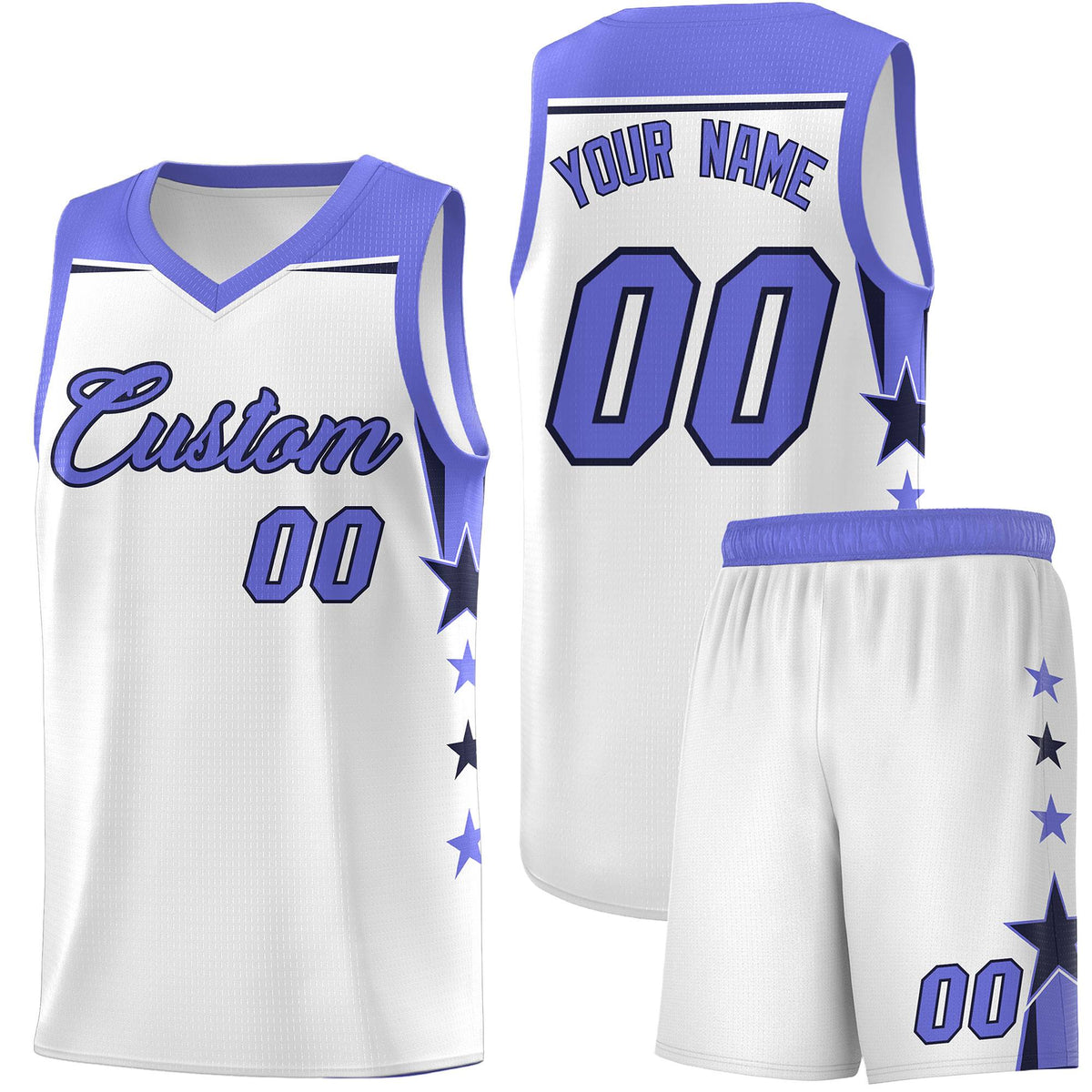 Custom Youth Basketball Uniform White Purple Two Tone Side Star Add Name Number & Logo