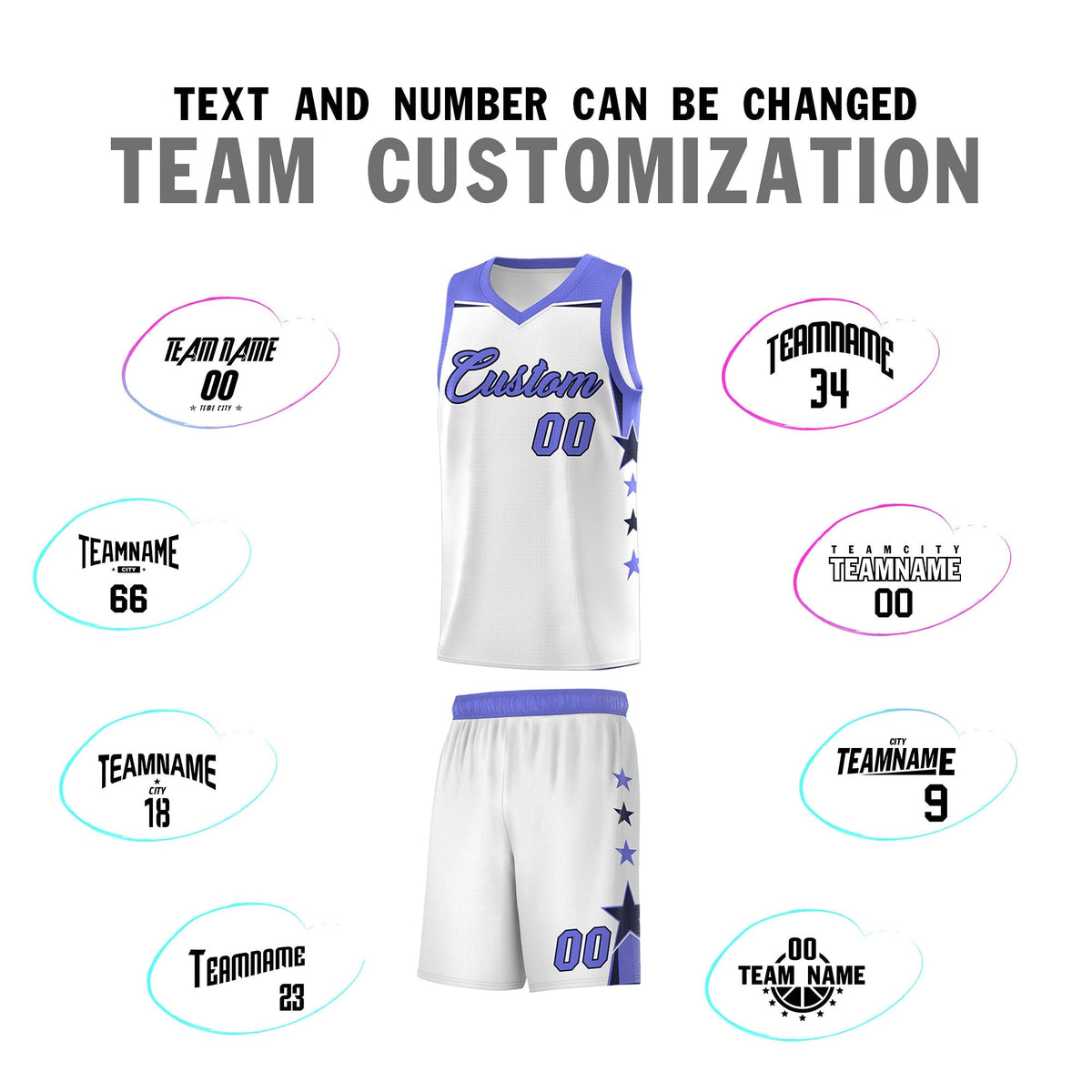 Custom Youth Basketball Uniform White Purple Two Tone Side Star Add Name Number & Logo