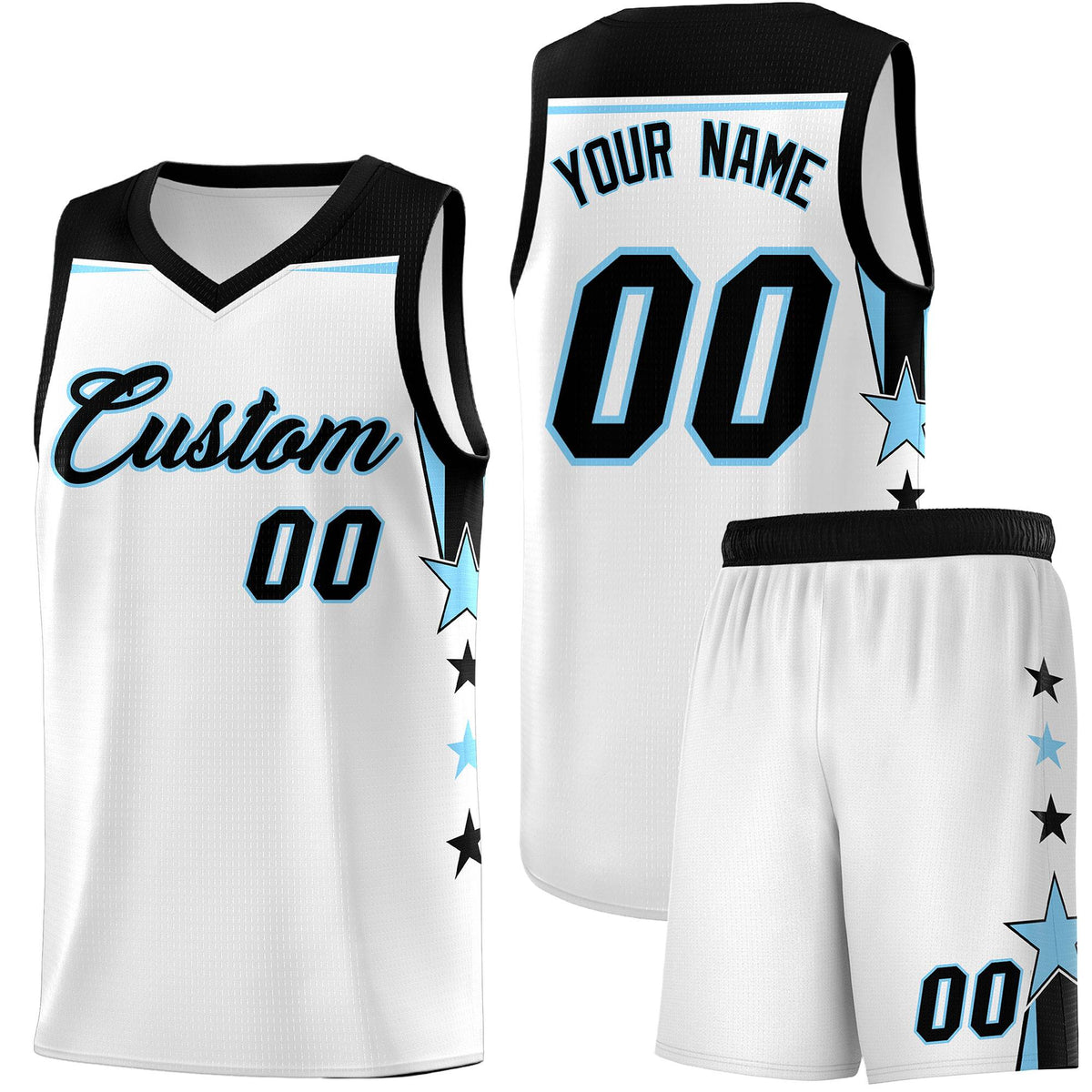 Custom Youth Basketball Uniform White Light Blue Two Tone Side Star Add Name Number & Logo