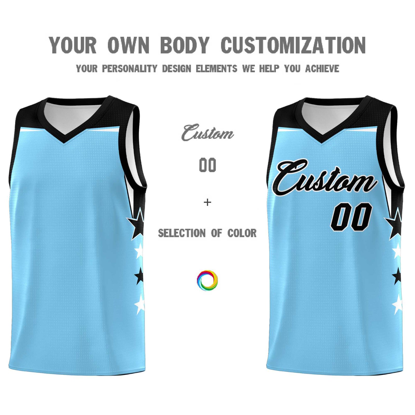 Custom Youth Basketball Uniform Light Blue Black Two Tone Side Star Color Block Team Jersey