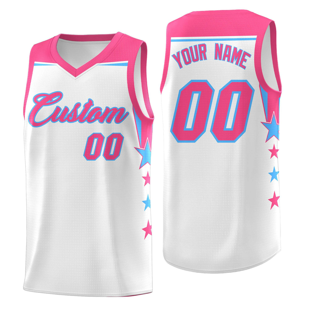 Custom Youth Basketball Uniform White Pink Two Tone Side Star Add Name Number &amp; Logo