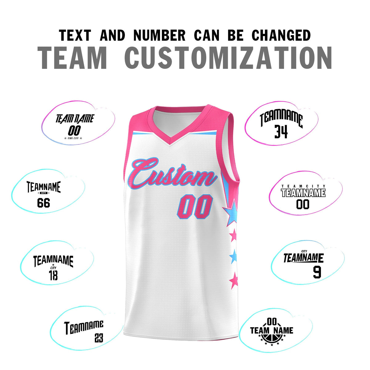 Custom Youth Basketball Uniform White Pink Two Tone Side Star Add Name Number &amp; Logo