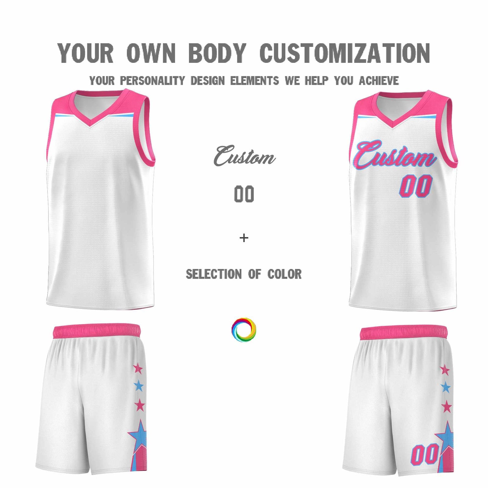 Custom Youth Basketball Uniform White Pink Two Tone Side Star Add Name Number & Logo