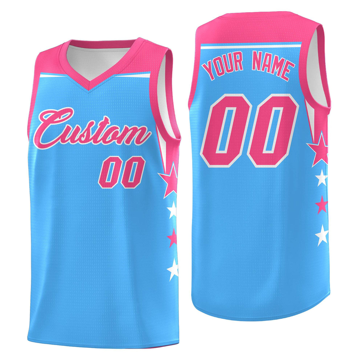 Custom Youth Basketball Uniform Powder Blue Pink Two Tone Side Star Color Block Team Jersey