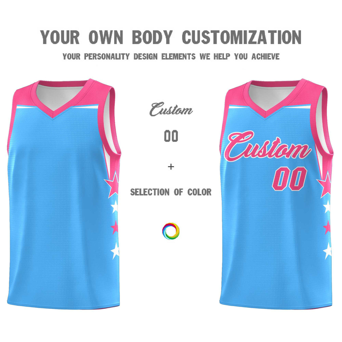 Custom Youth Basketball Uniform Powder Blue Pink Two Tone Side Star Color Block Team Jersey