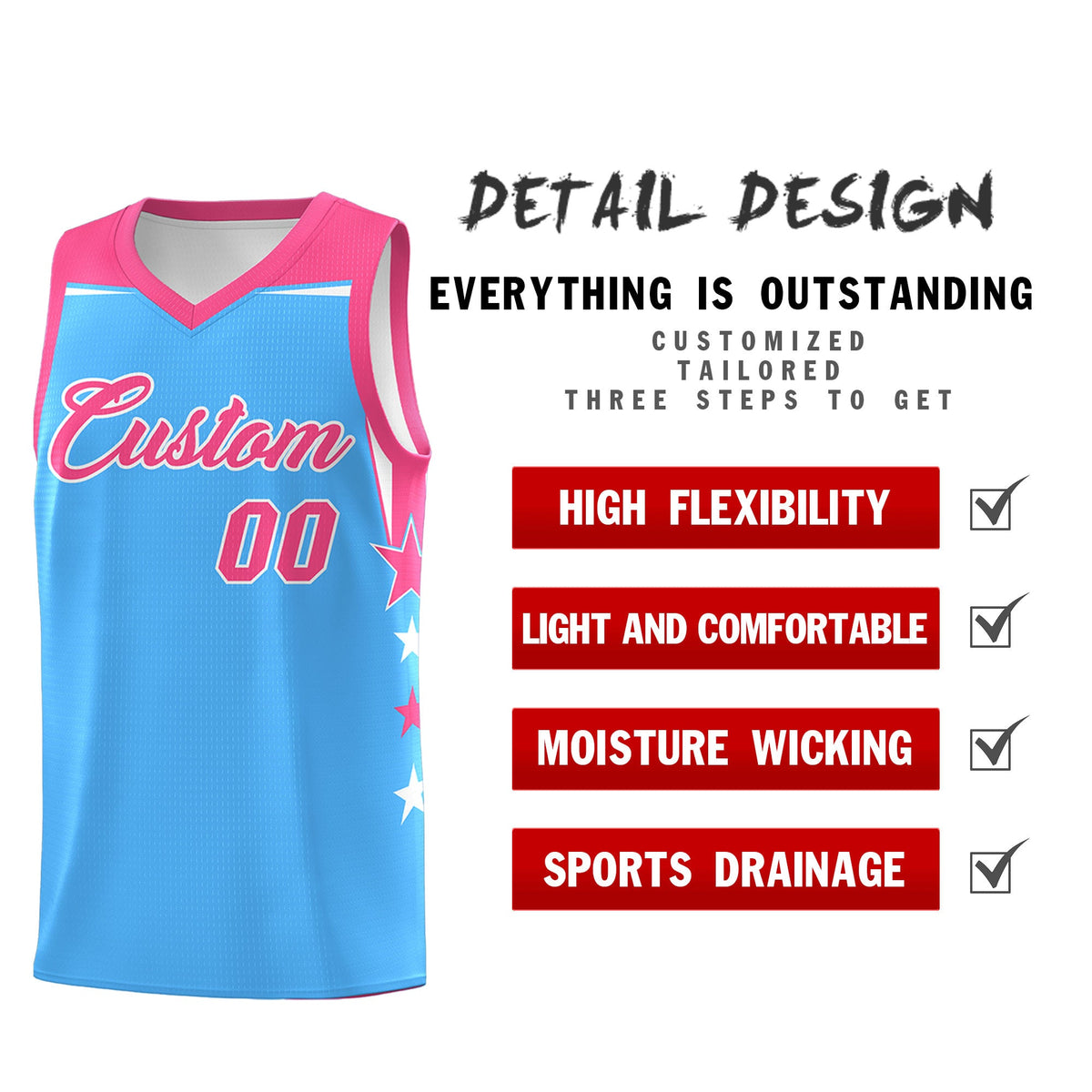 Custom Youth Basketball Uniform Powder Blue Pink Two Tone Side Star Color Block Team Jersey