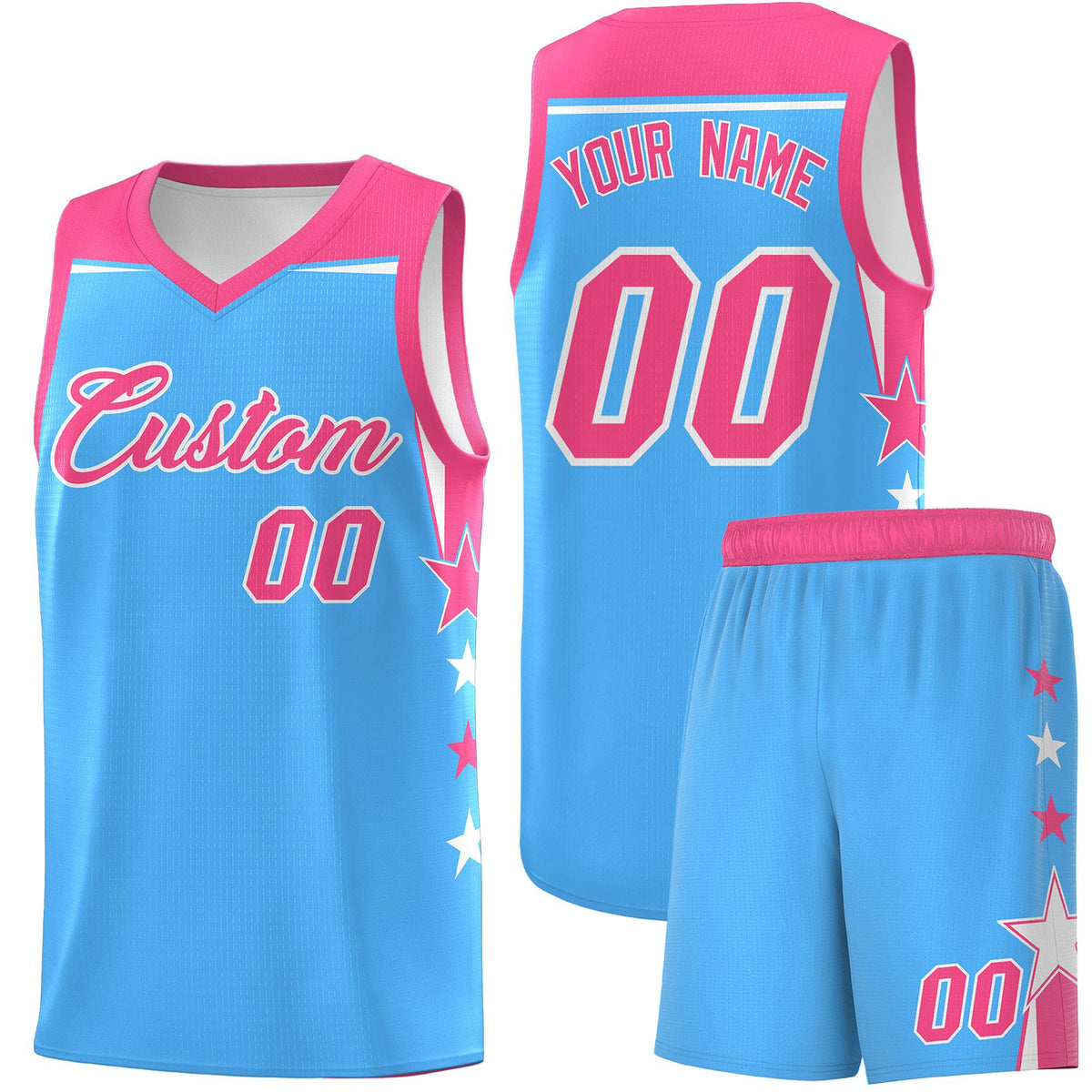 Custom Youth Basketball Uniform Powder Blue Pink Two Tone Side Star Color Block Team Jersey