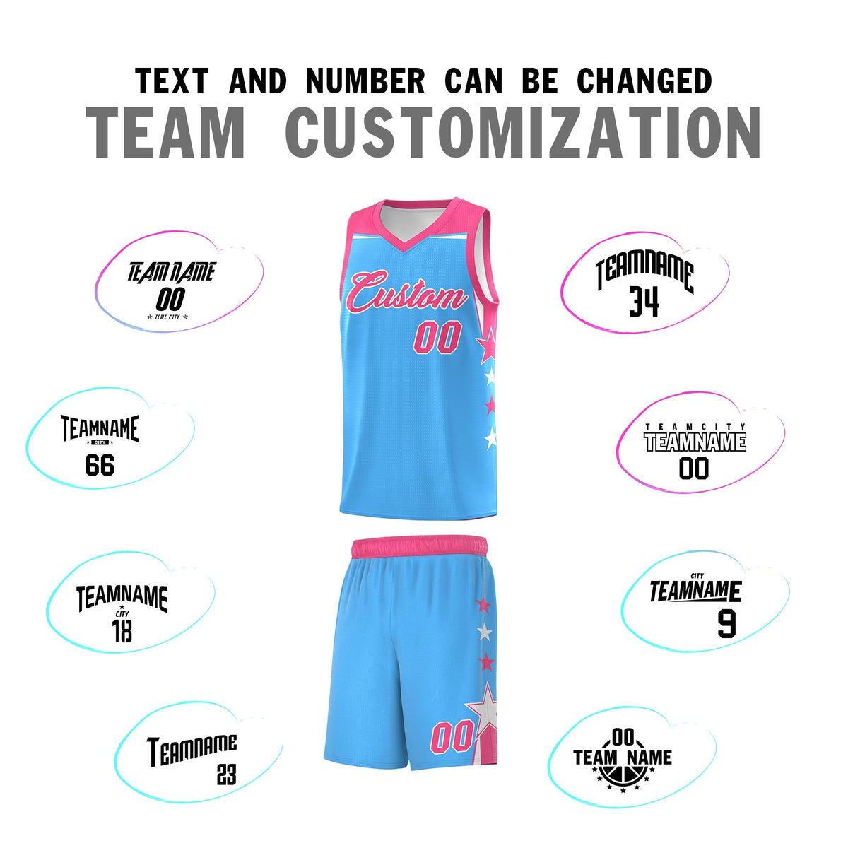 Custom Youth Basketball Uniform Powder Blue Pink Two Tone Side Star Color Block Team Jersey
