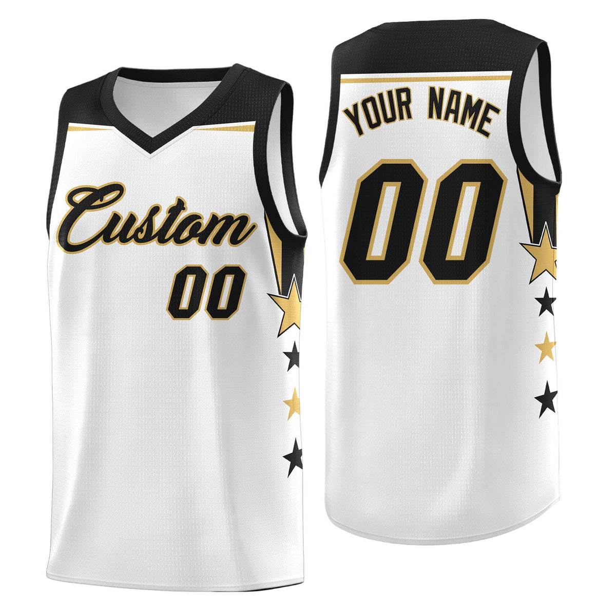 Custom Youth Basketball Uniform White Black Two Tone Side Star Add Name Number &amp; Logo