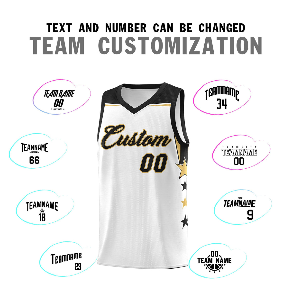 Custom Youth Basketball Uniform White Black Two Tone Side Star Add Name Number &amp; Logo