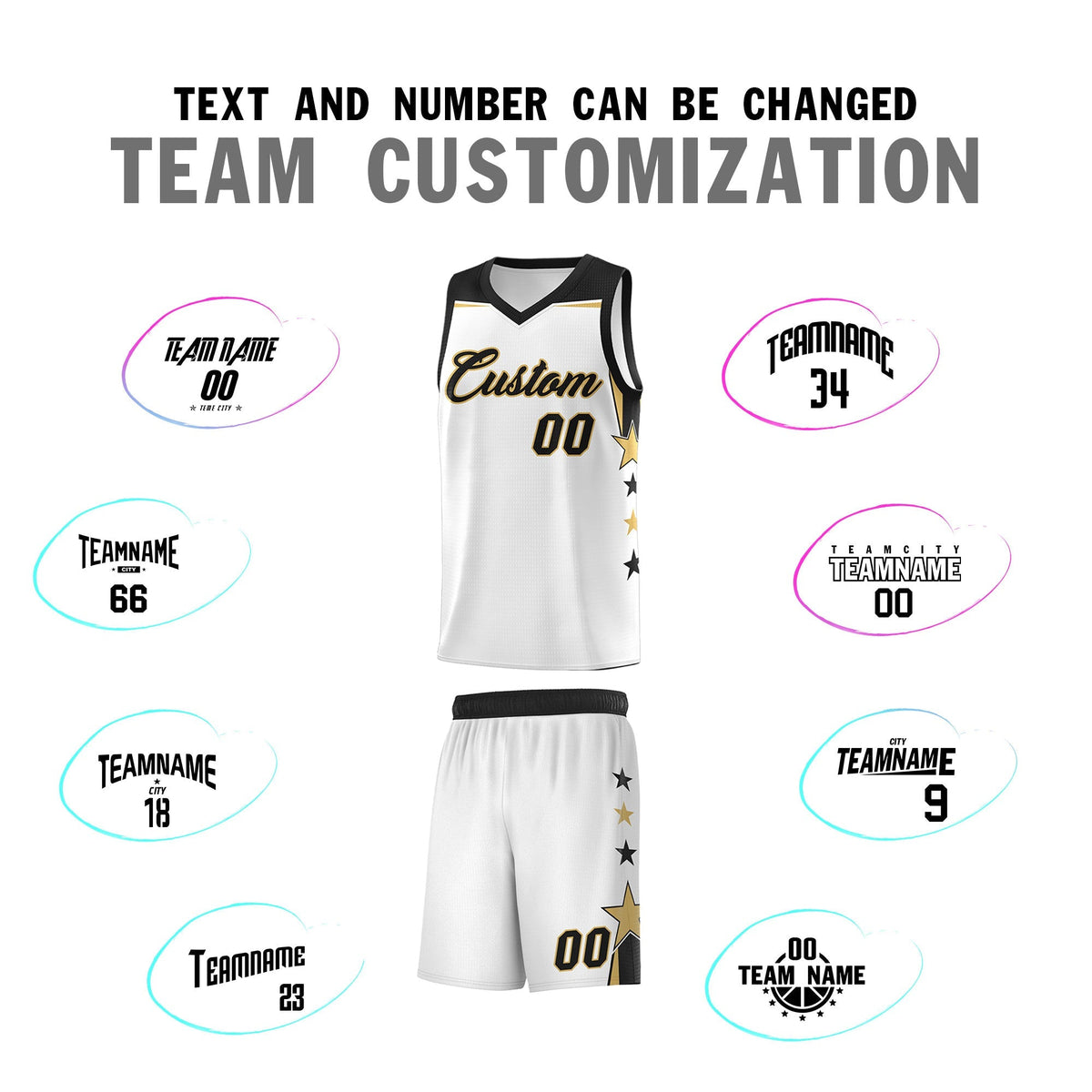 Custom Youth Basketball Uniform White Black Two Tone Side Star Add Name Number &amp; Logo