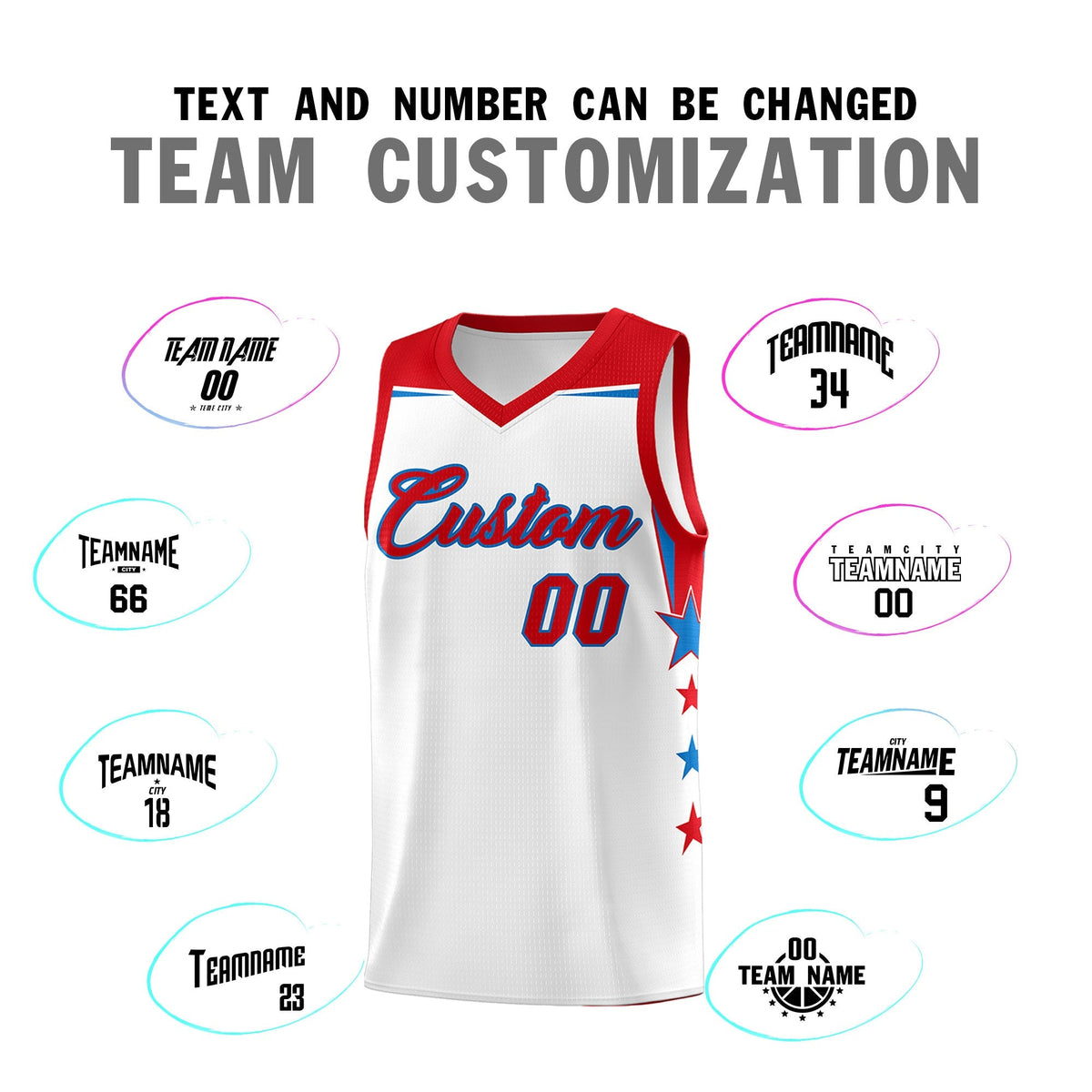 Custom Youth Basketball Uniform White Red Two Tone Side Star Add Name Number & Logo