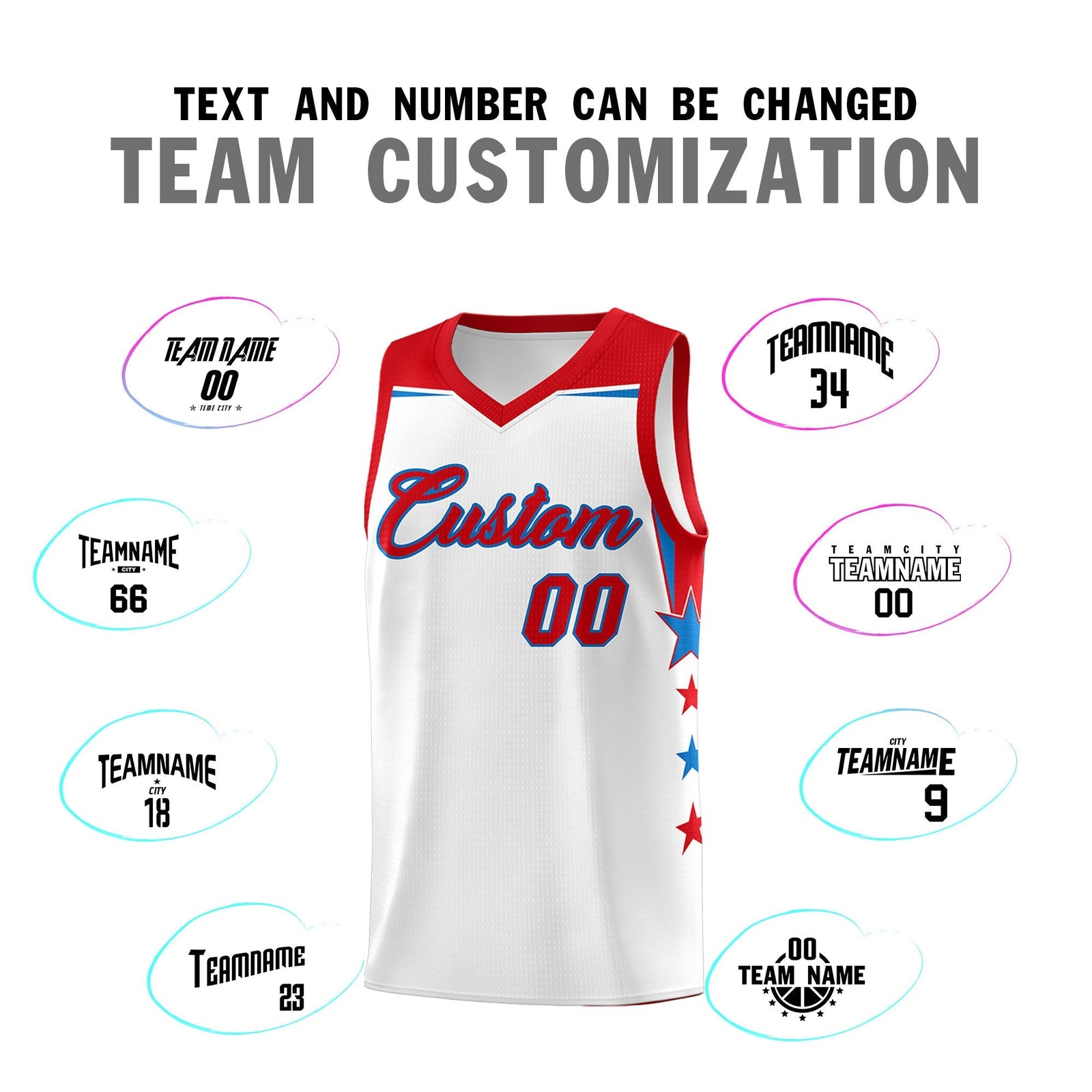 Custom Youth Basketball Uniform White Red Two Tone Side Star Add Name Number & Logo