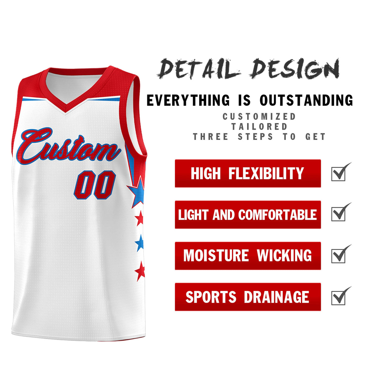 Custom Youth Basketball Uniform White Red Two Tone Side Star Add Name Number & Logo