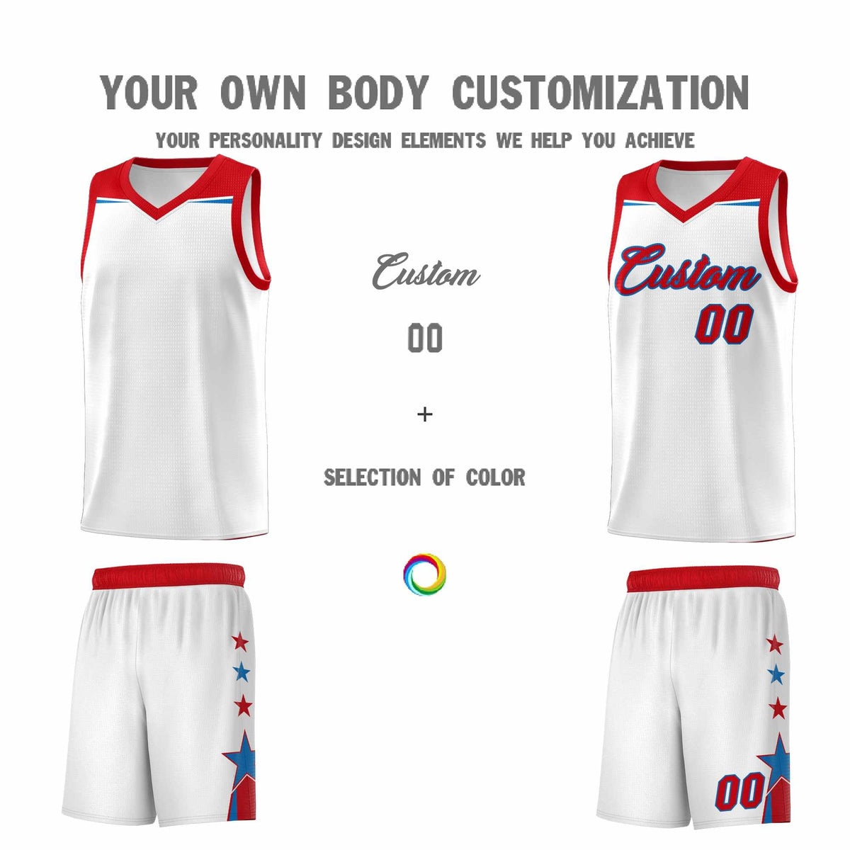 Custom Youth Basketball Uniform White Red Two Tone Side Star Add Name Number & Logo