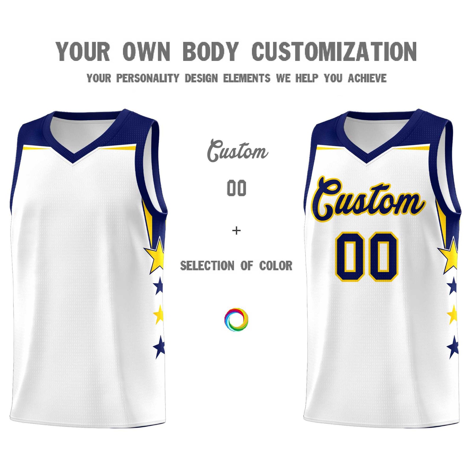 Custom Youth Basketball Uniform White Navy Two Tone Side Star Personalized Team Jersey