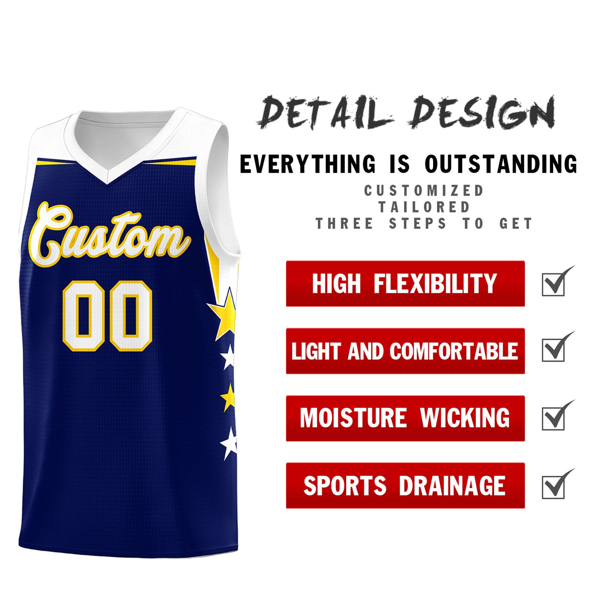 Custom Youth Basketball Uniform Navy White Two Tone Side Star Add Name Number &amp; Logo
