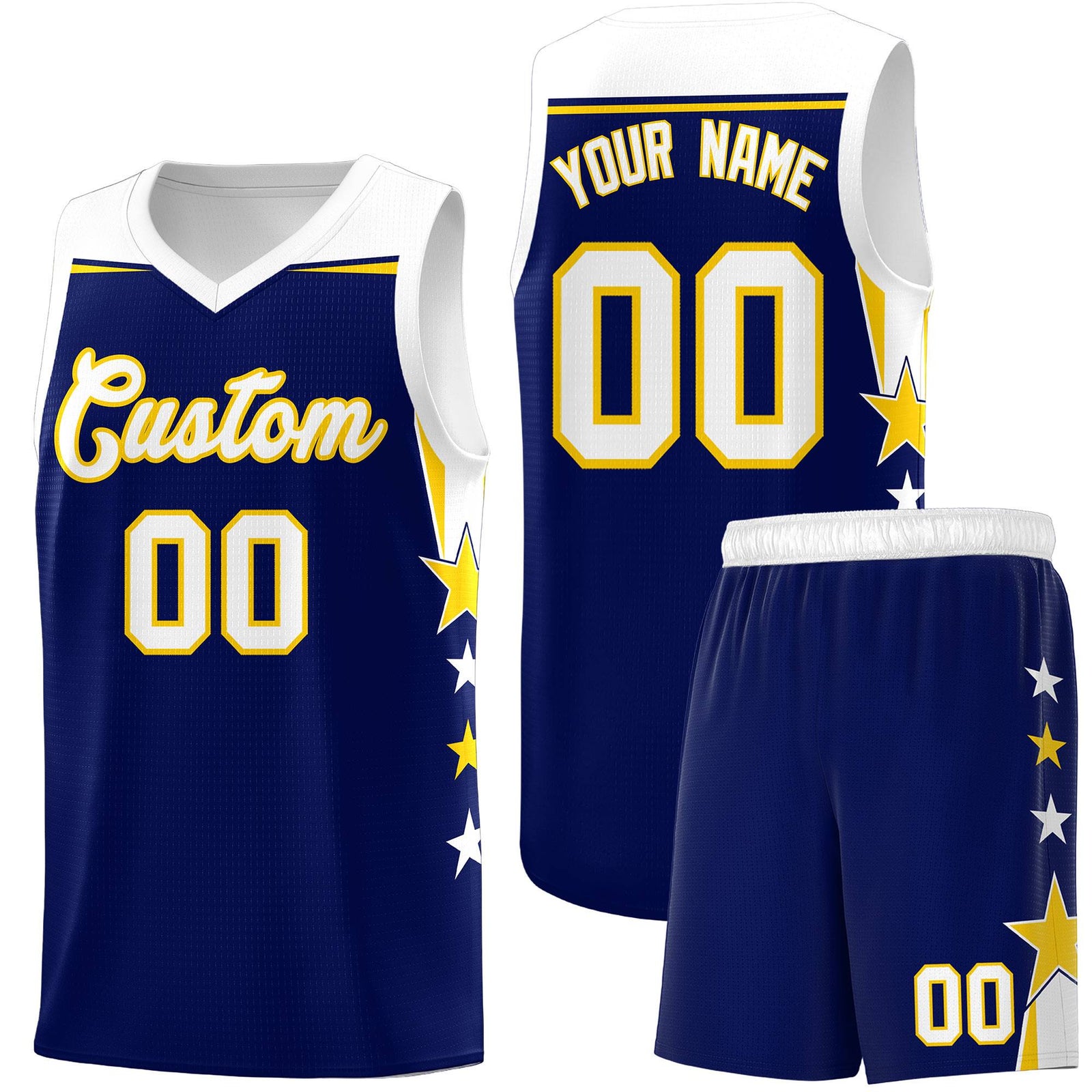 Custom Youth Basketball Uniform Navy White Two Tone Side Star Add Name Number & Logo