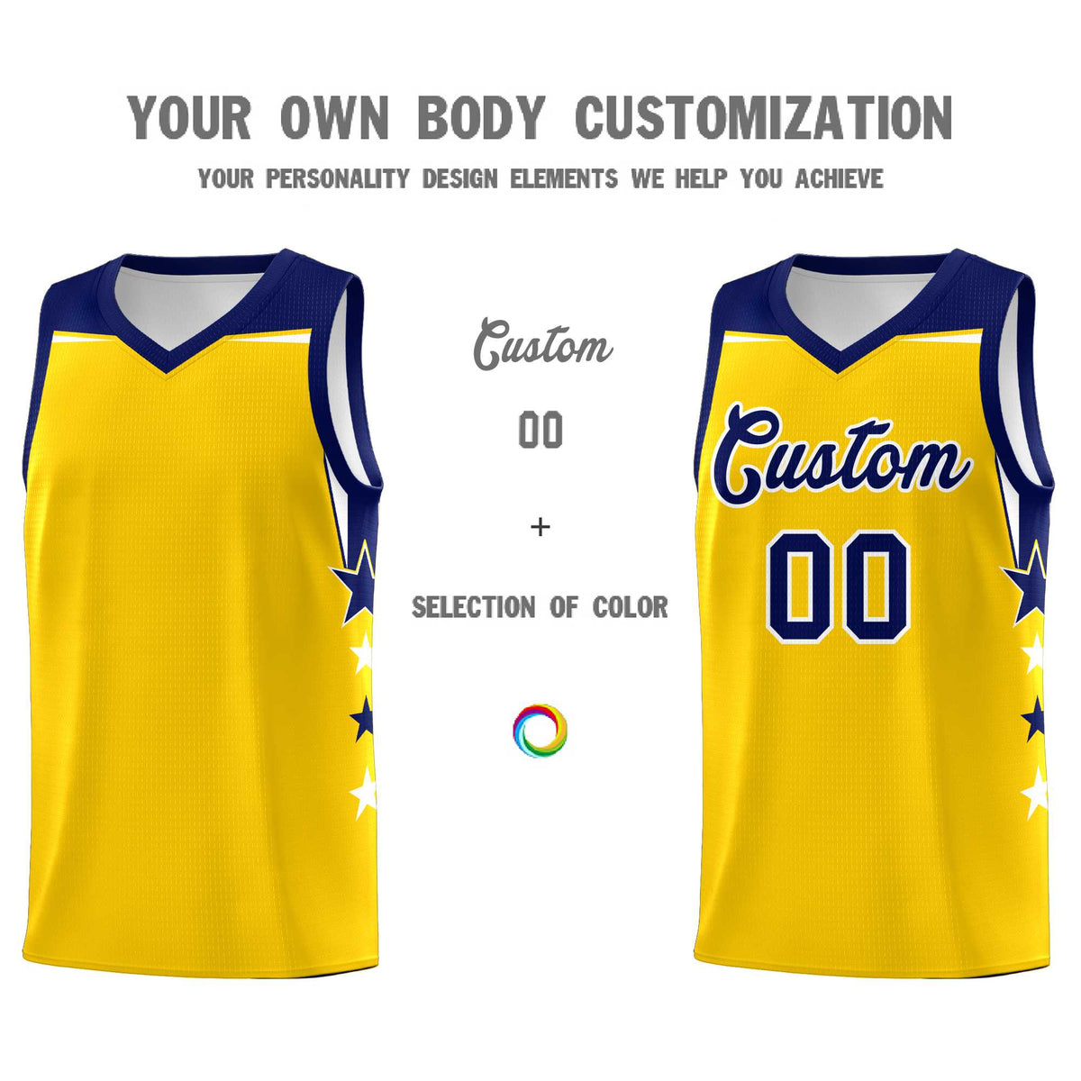 Custom Youth Basketball Uniform Gold Navy Two Tone Side Star Personalized Team Jersey