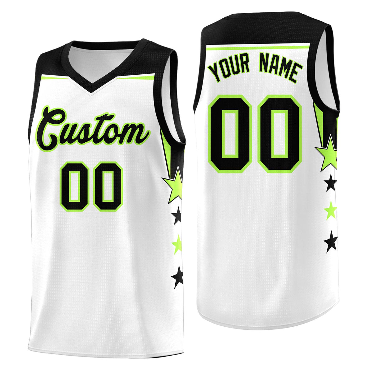 Custom Youth Basketball Uniform White Black Two Tone Side Star Add Name Number &amp; Logo