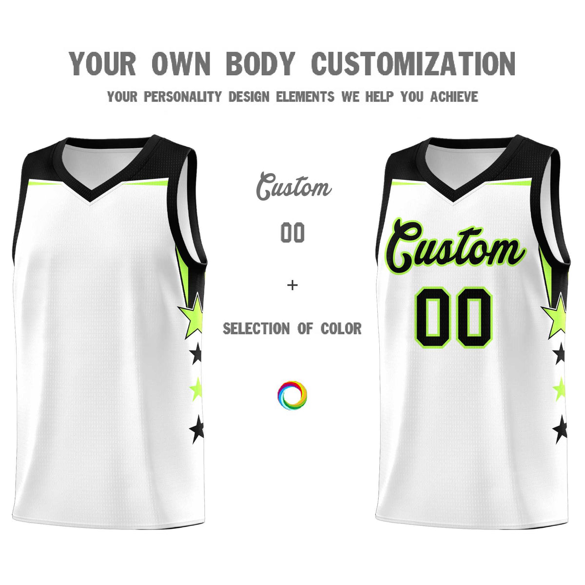 Custom Youth Basketball Uniform White Black Two Tone Side Star Add Name Number &amp; Logo
