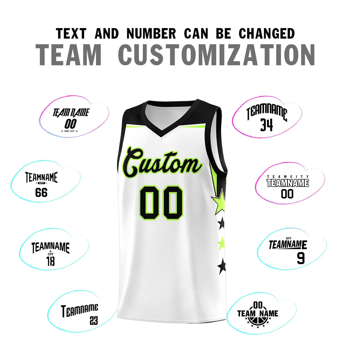 Custom Youth Basketball Uniform White Black Two Tone Side Star Add Name Number &amp; Logo