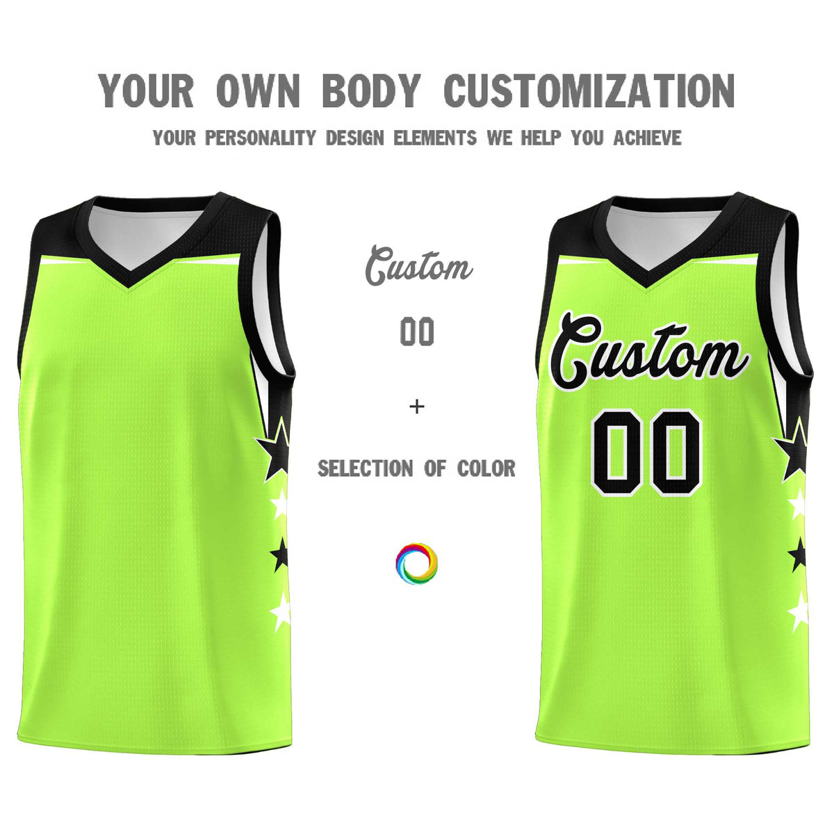 Custom Youth Basketball Uniform Fluorescent Green Black Two Tone Side Star Add Name Number &amp; Logo