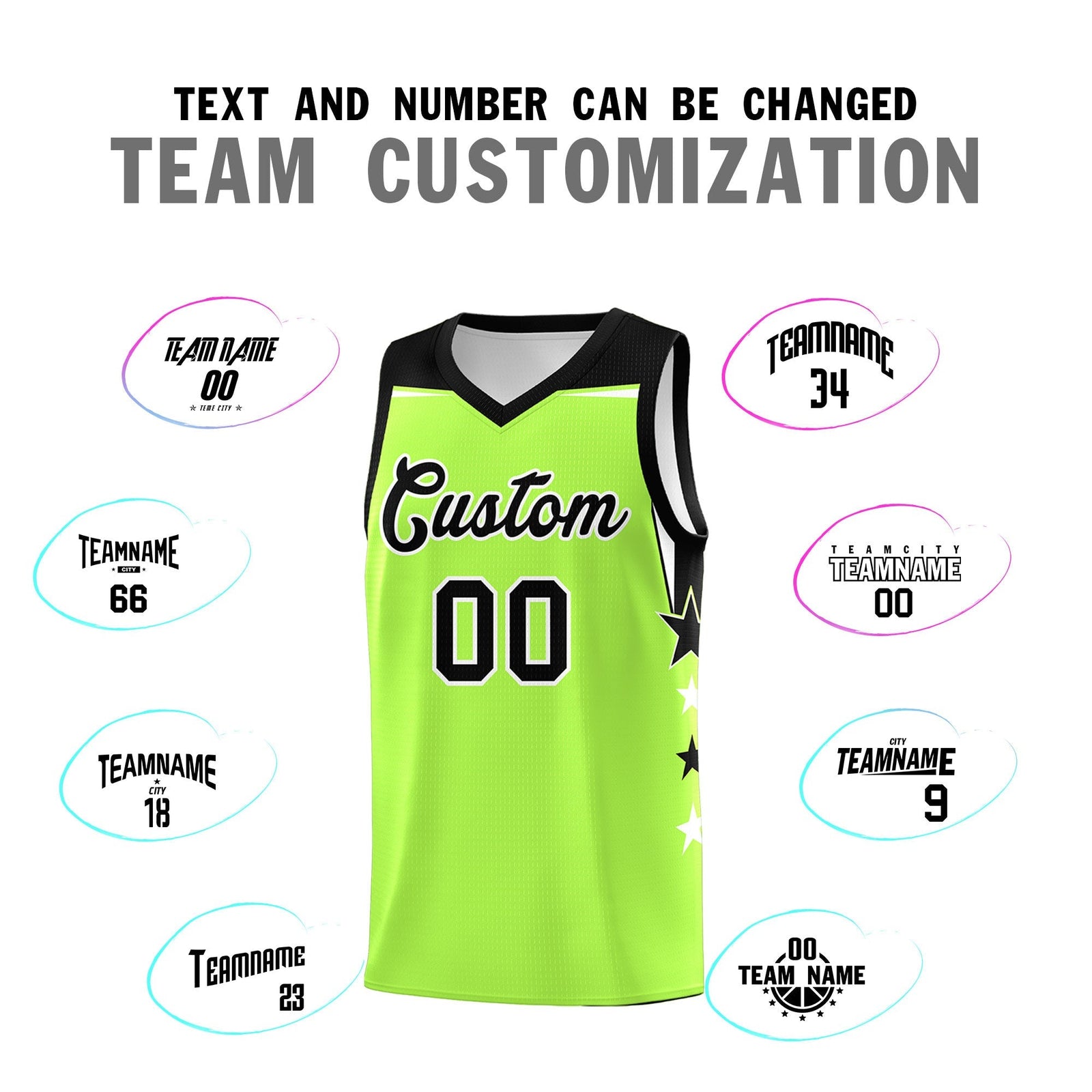 Custom Youth Basketball Uniform Fluorescent Green Black Two Tone Side Star Add Name Number & Logo