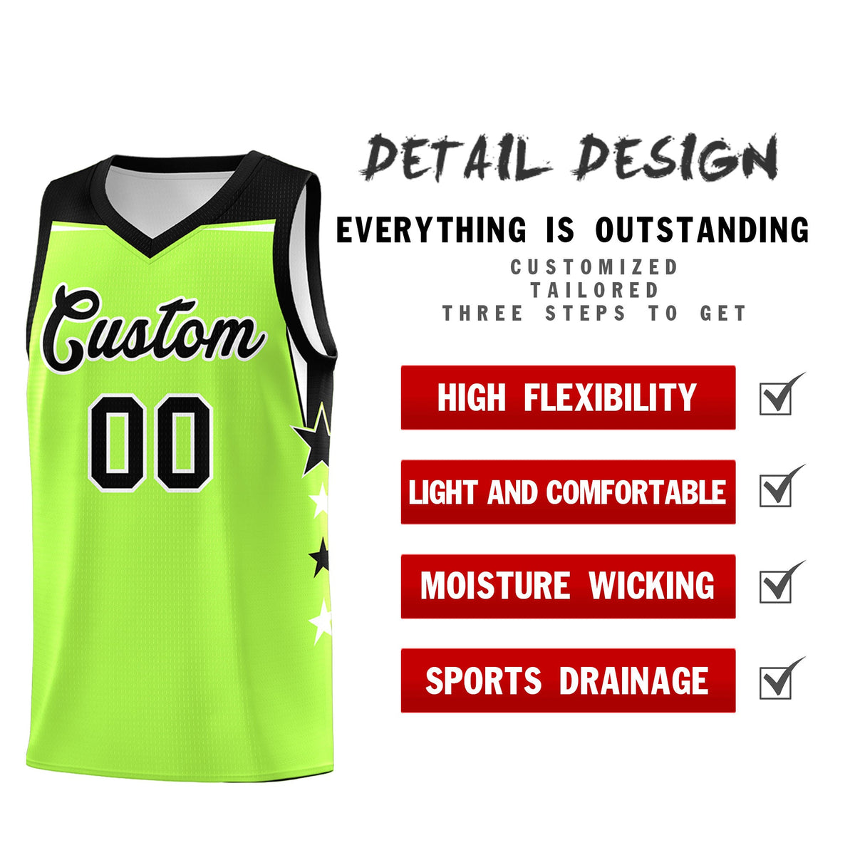 Custom Youth Basketball Uniform Fluorescent Green Black Two Tone Side Star Add Name Number &amp; Logo