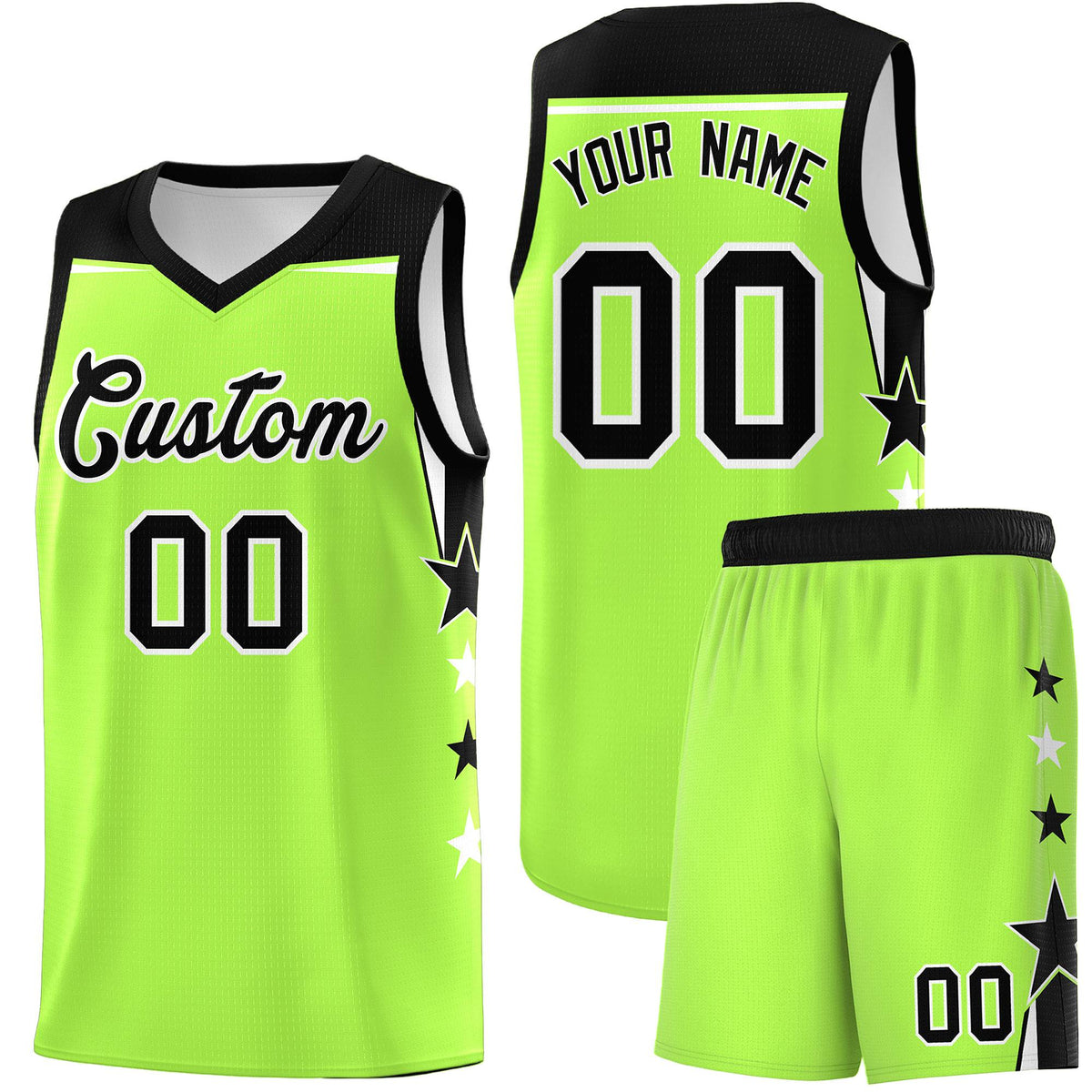 Custom Youth Basketball Uniform Fluorescent Green Black Two Tone Side Star Add Name Number &amp; Logo