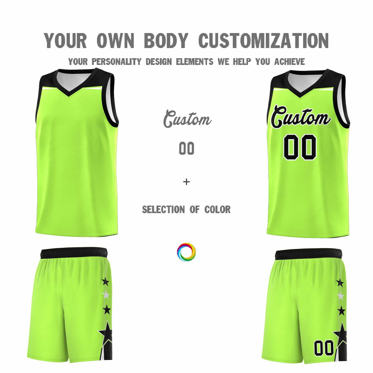 Custom Youth Basketball Uniform Fluorescent Green Black Two Tone Side Star Add Name Number &amp; Logo