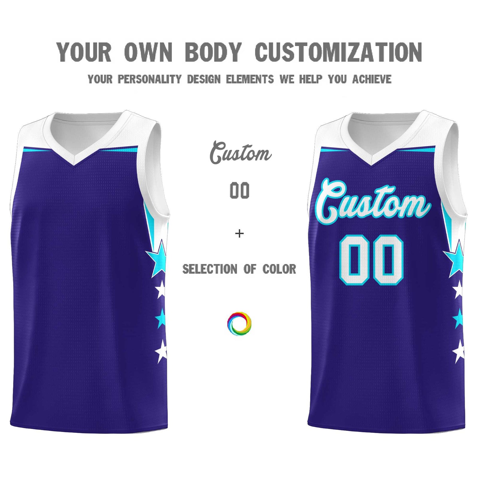 Custom Youth Basketball Uniform Royal White Two Tone Side Star Add Name Number & Logo