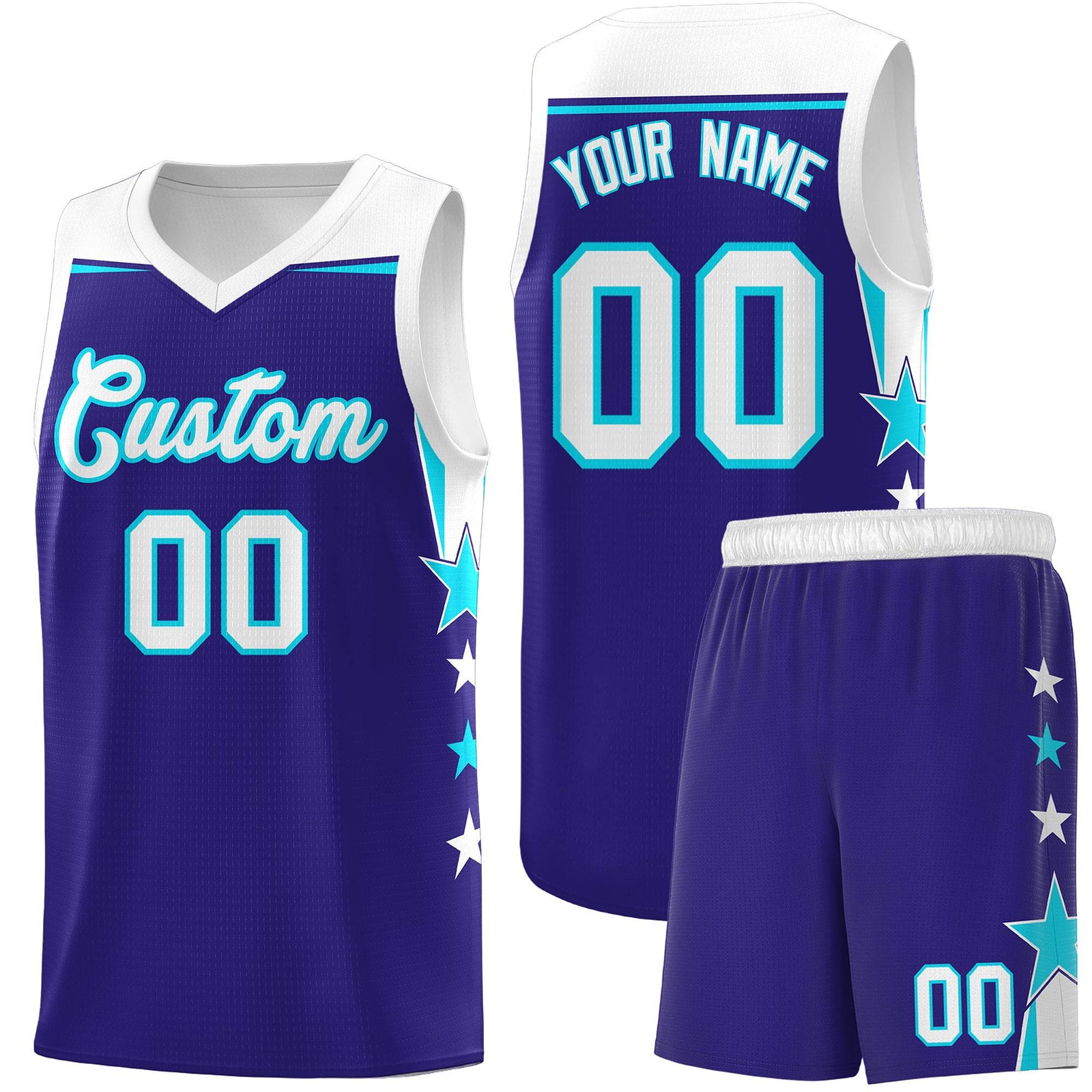 Custom Youth Basketball Uniform Royal White Two Tone Side Star Add Name Number & Logo