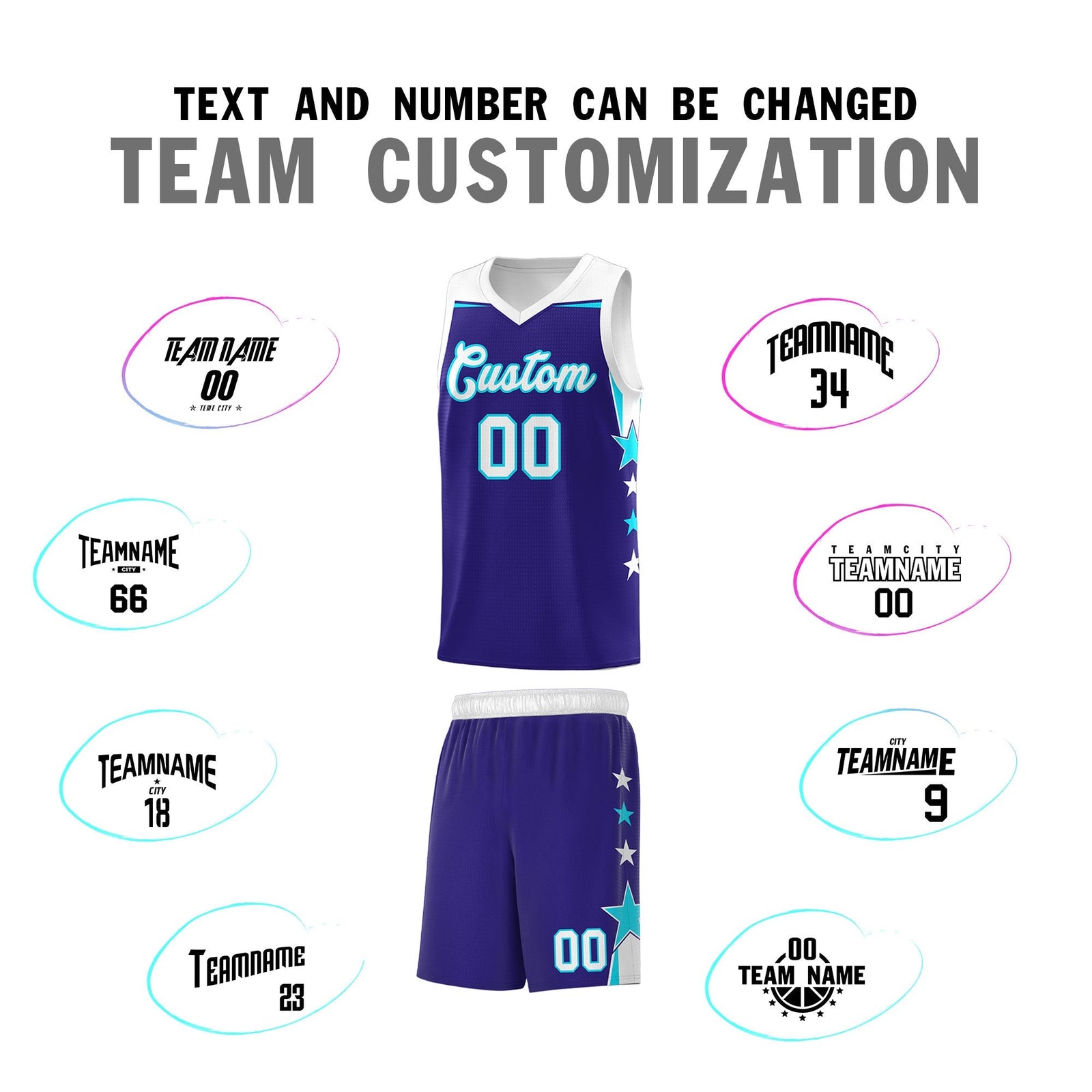 Custom Youth Basketball Uniform Royal White Two Tone Side Star Add Name Number & Logo