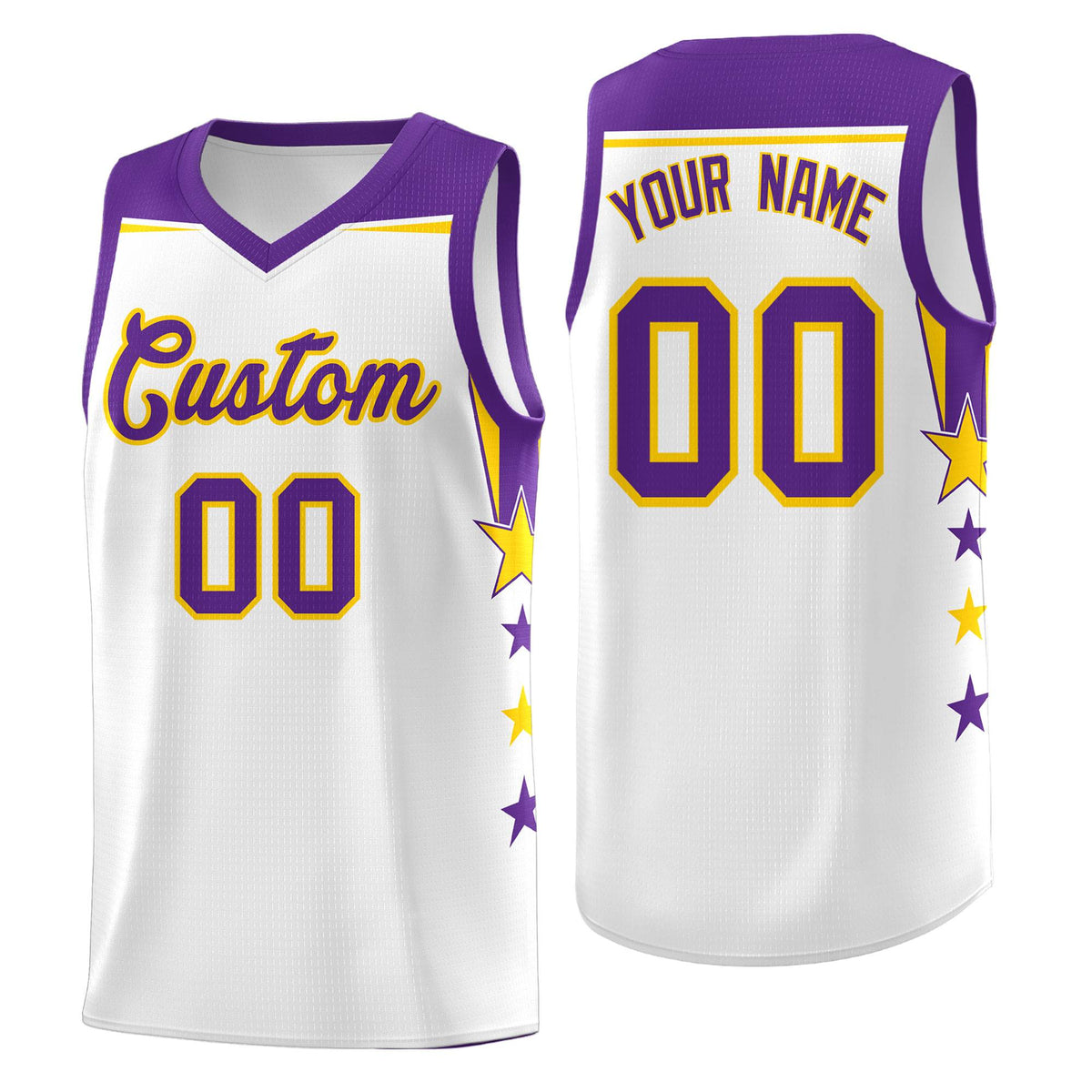 Custom Youth Basketball Uniform White Purple Two Tone Side Star Color Block Team Jersey