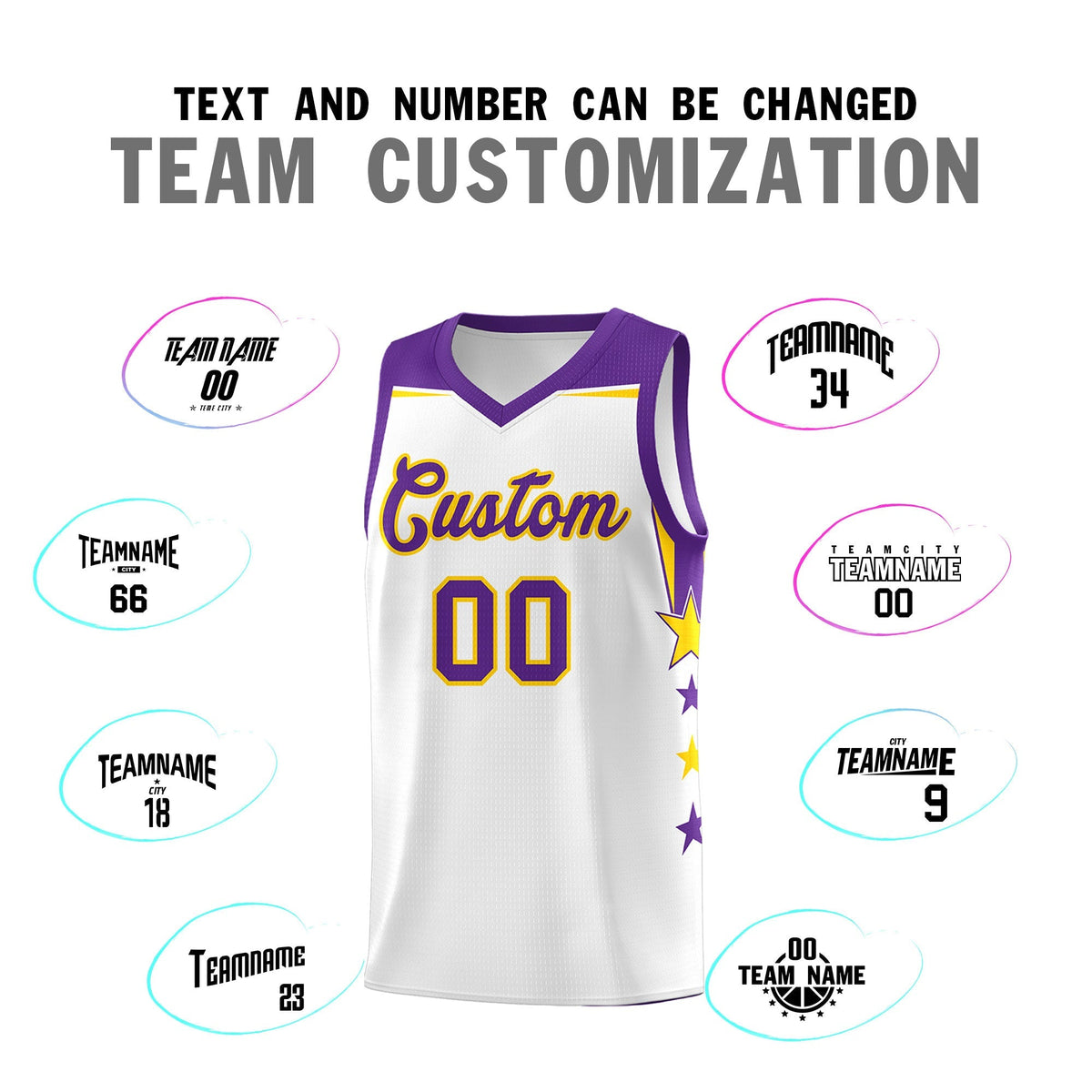 Custom Youth Basketball Uniform White Purple Two Tone Side Star Color Block Team Jersey