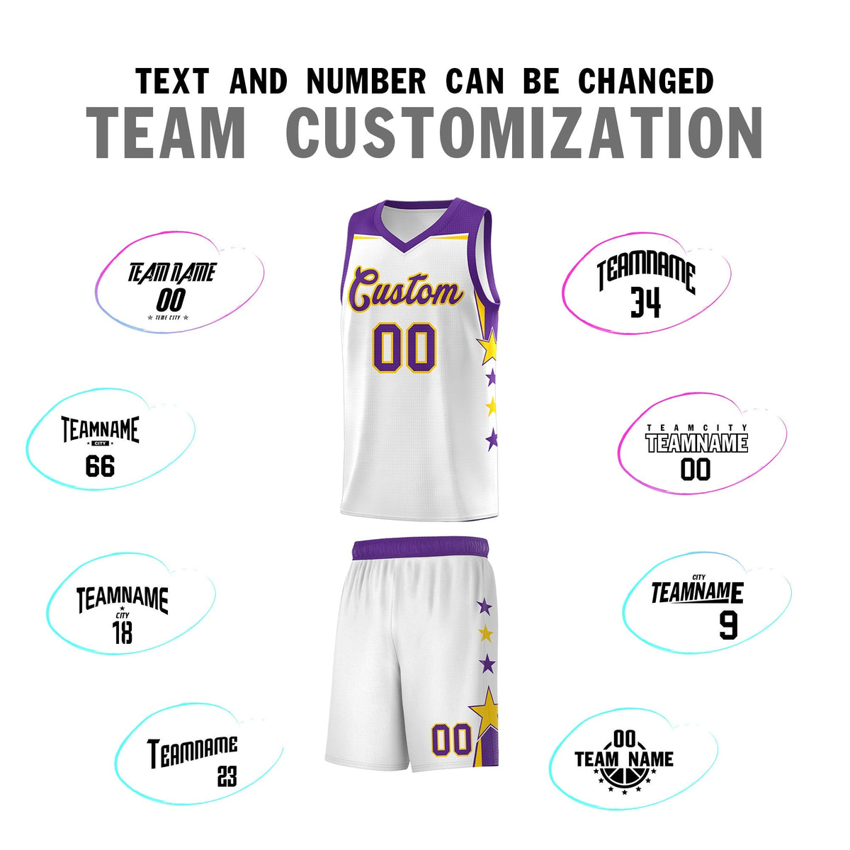 Custom Youth Basketball Uniform White Purple Two Tone Side Star Color Block Team Jersey