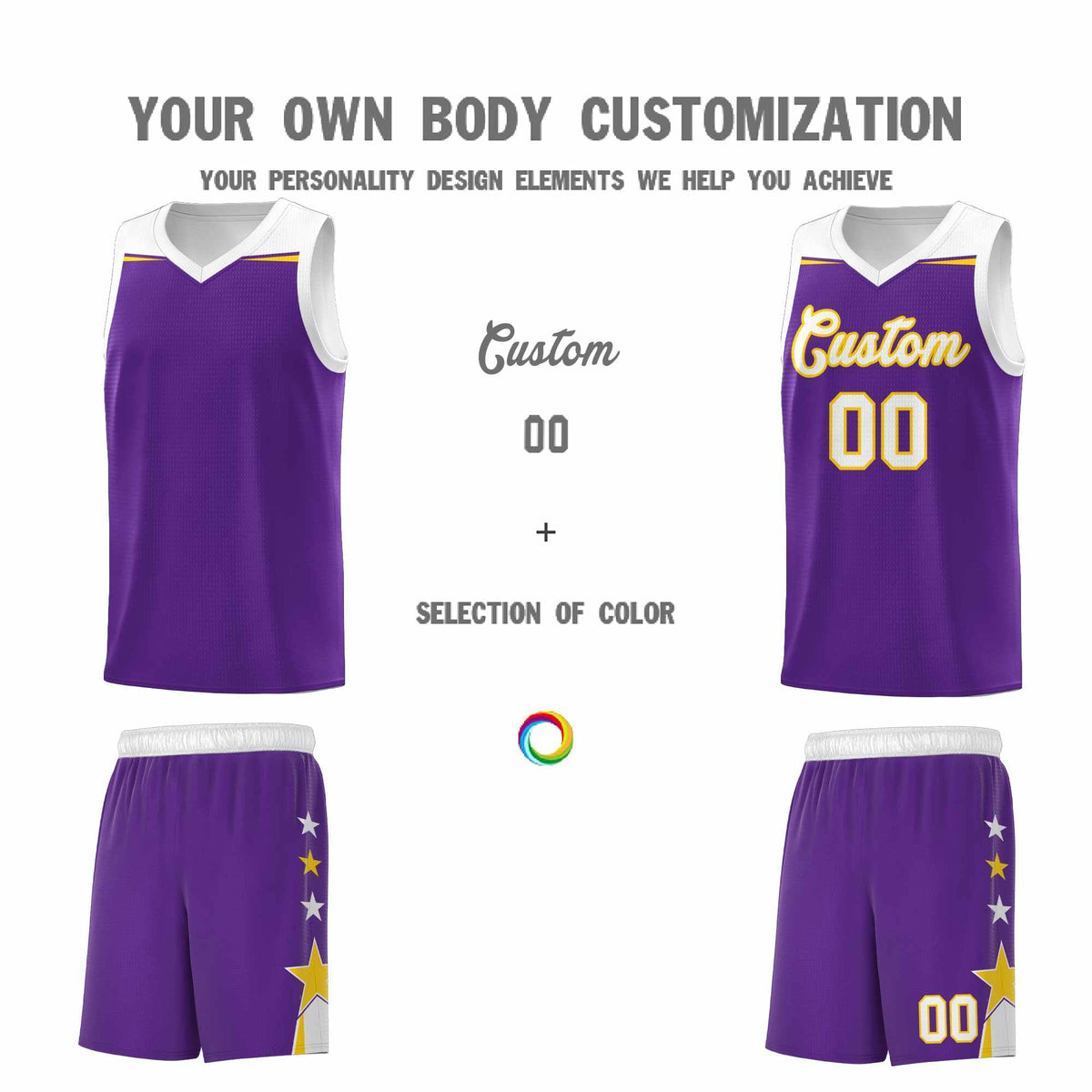 Custom Youth Basketball Uniform Purple White Two Tone Side Star Add Name Number & Logo