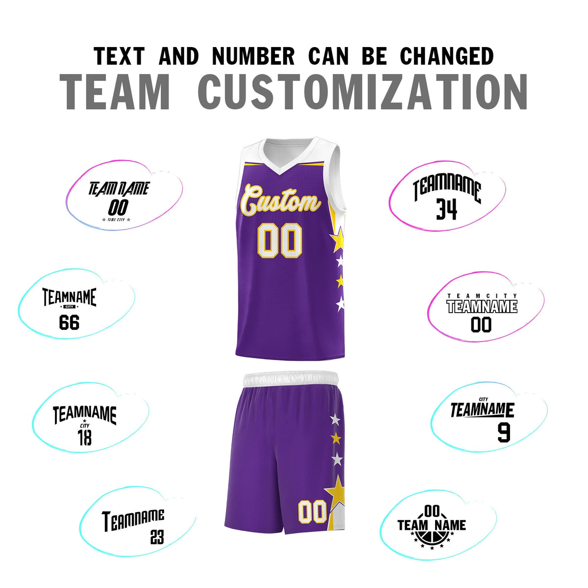Custom Youth Basketball Uniform Purple White Two Tone Side Star Add Name Number & Logo
