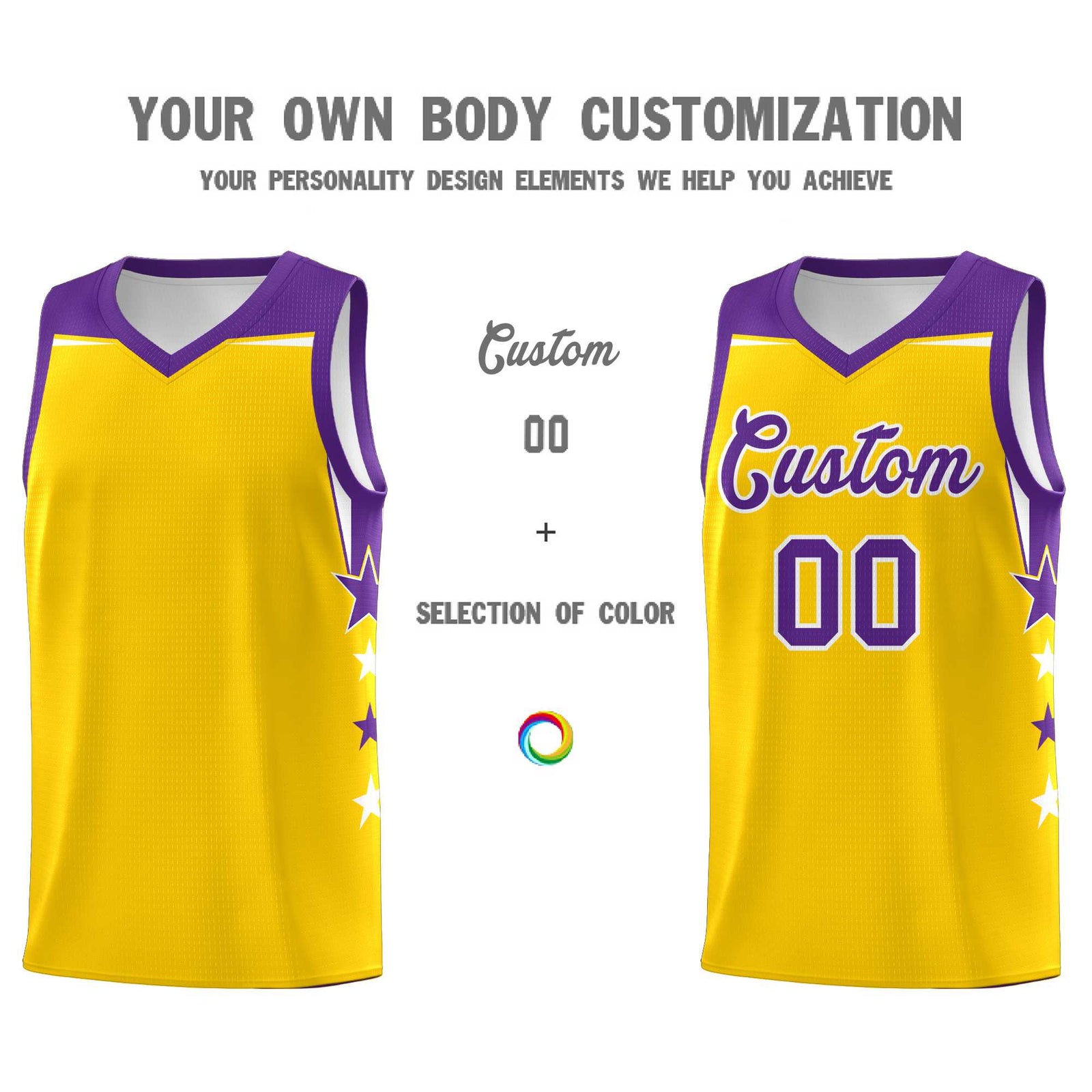 Custom Youth Basketball Uniform Gold Purple Two Tone Side Star Personalized Team Jersey