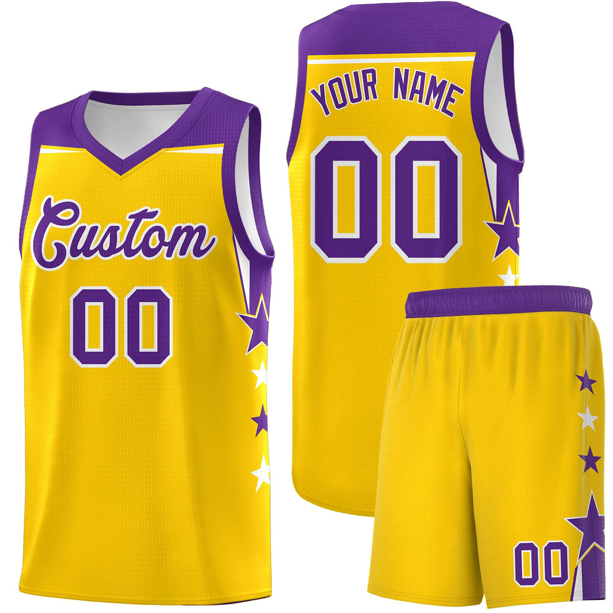 Custom Youth Basketball Uniform Gold Purple Two Tone Side Star Personalized Team Jersey