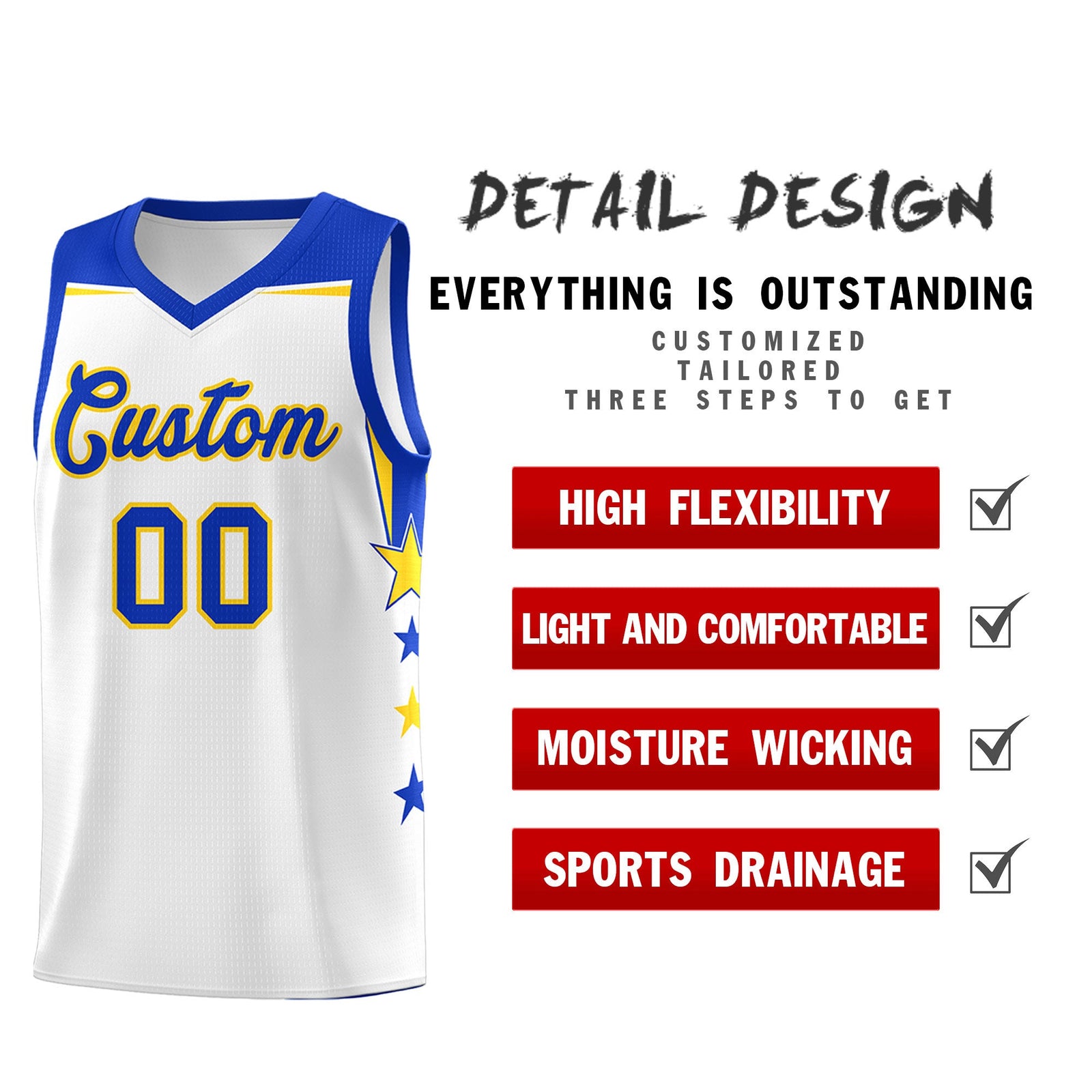Custom Youth Basketball Uniform White Royal Two Tone Side Star Color Block Team Jersey