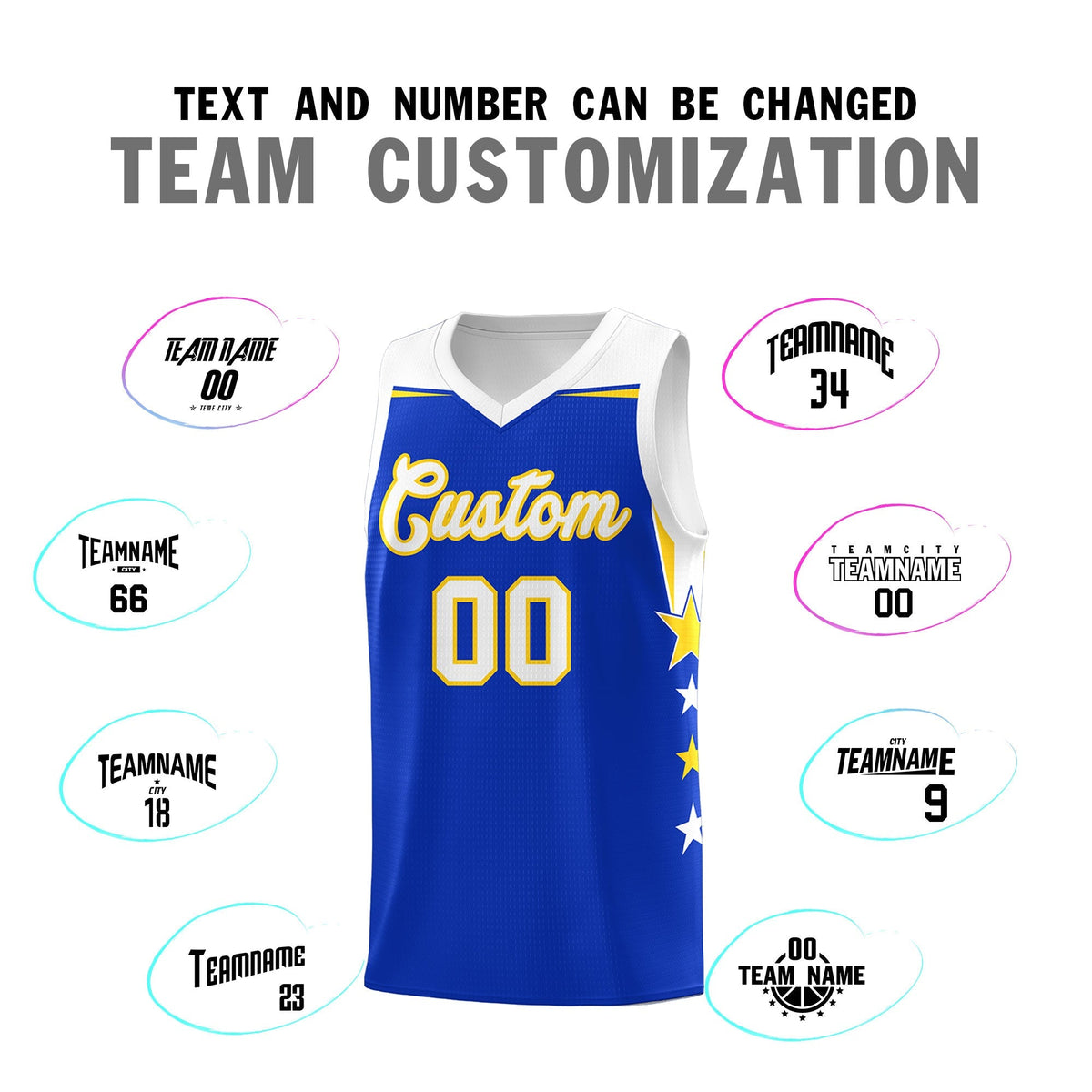Custom Youth Basketball Uniform Royal White Two Tone Side Star Add Name Number &amp; Logo
