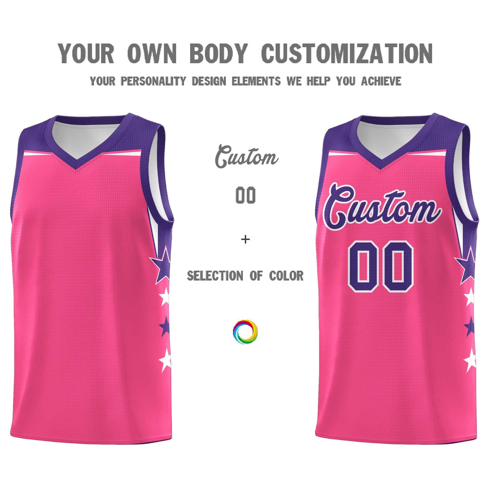Custom Youth Basketball Uniform Pink Purple Two Tone Side Star Add Name Number & Logo