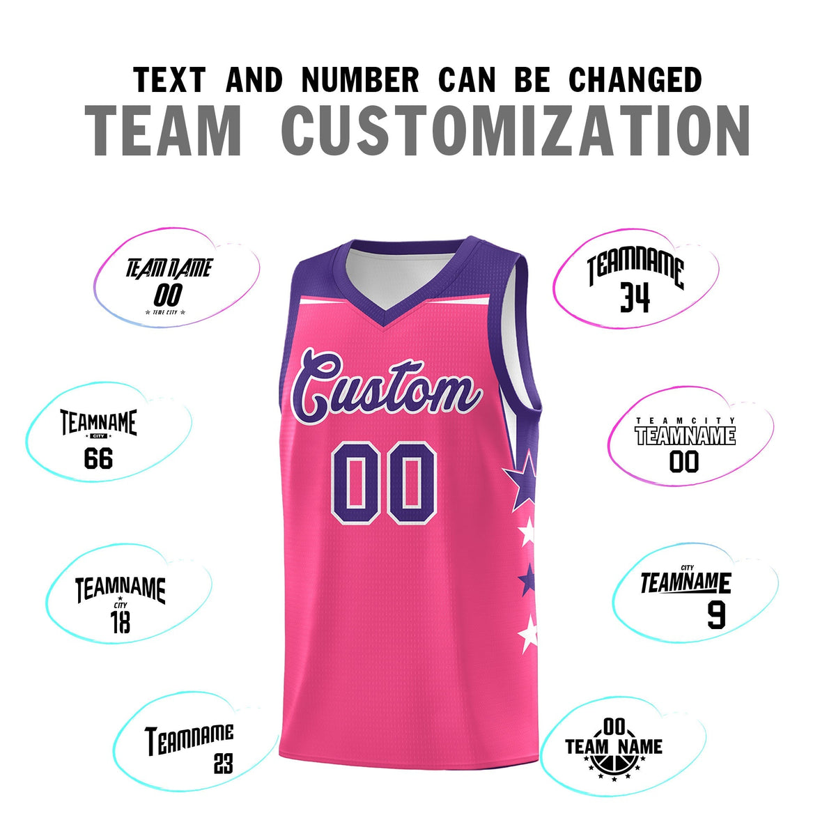 Custom Youth Basketball Uniform Pink Purple Two Tone Side Star Add Name Number &amp; Logo
