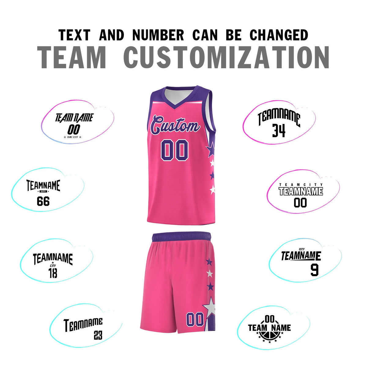 Custom Youth Basketball Uniform Pink Purple Two Tone Side Star Add Name Number &amp; Logo