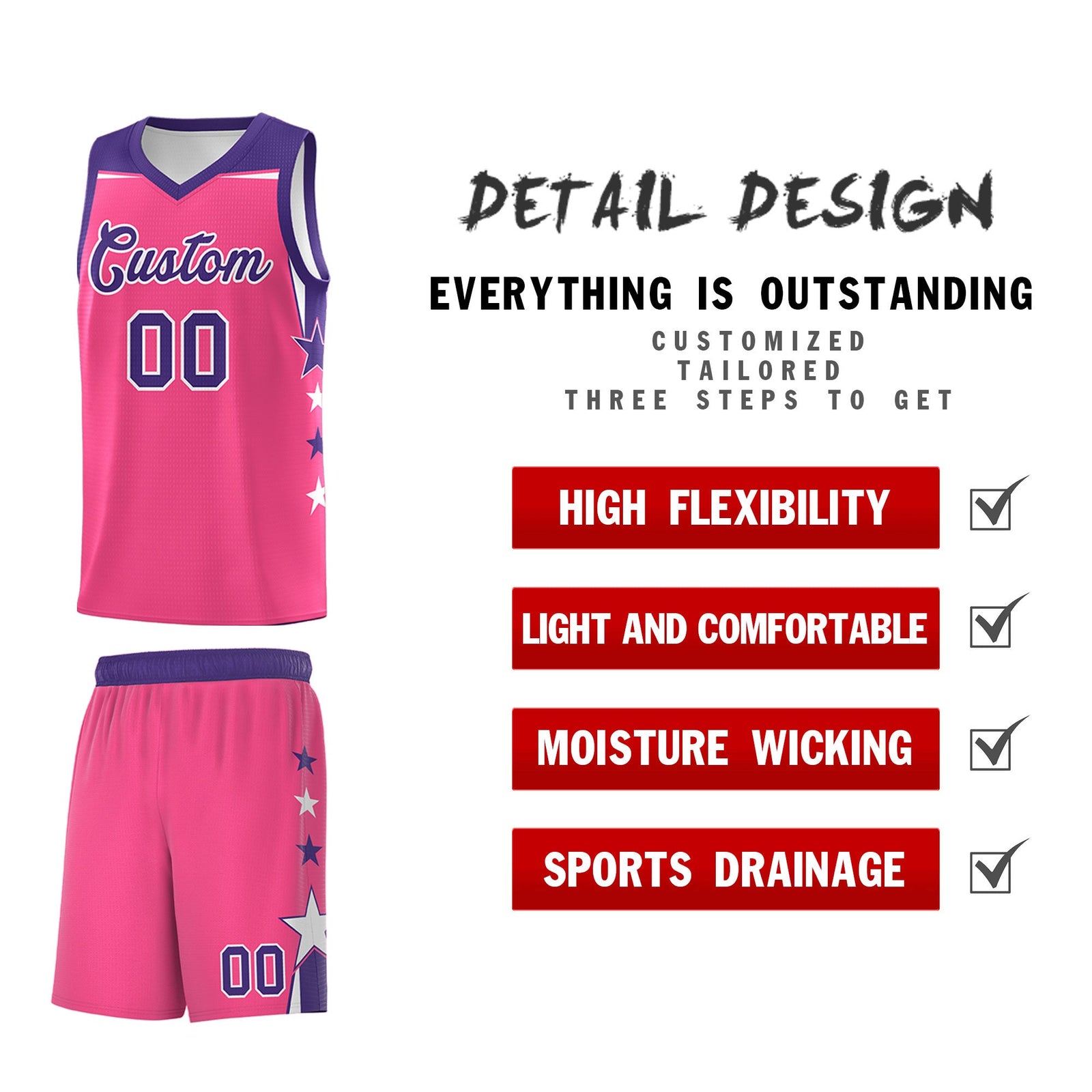 Custom Youth Basketball Uniform Pink Purple Two Tone Side Star Add Name Number & Logo